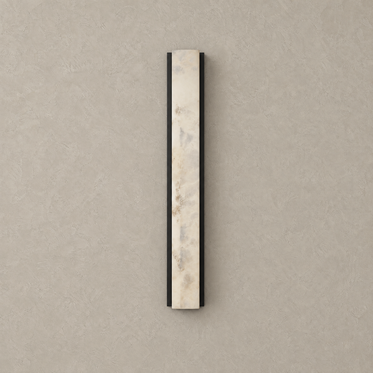 Talevira black hardwired wall sconce, unlit marble and iron fixture against greige plaster