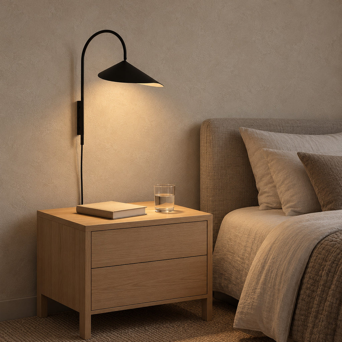 Talirsa black plug in wall light by the bed, leaving the nightstand free for a book and water