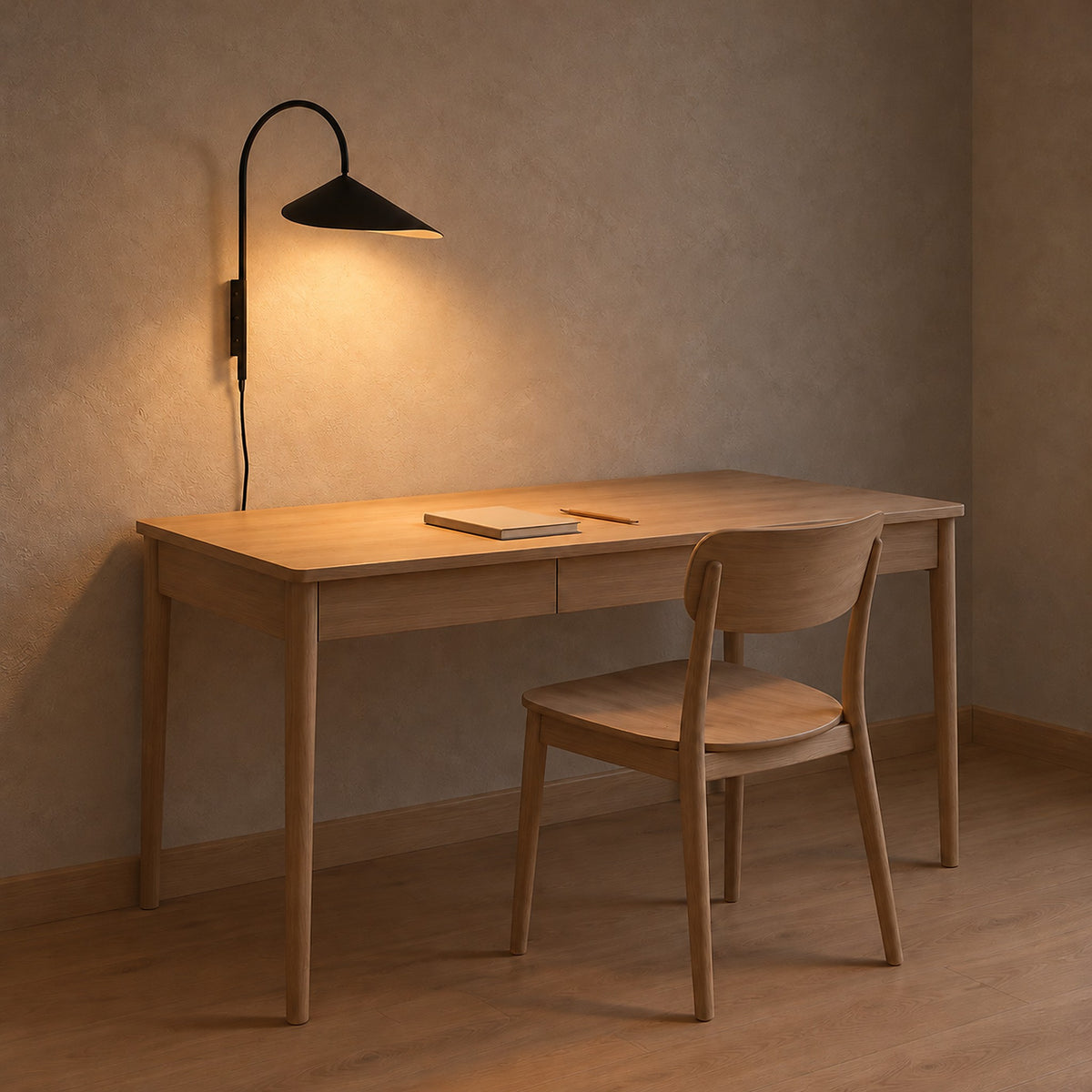 Talirsa black wall lamp casting light onto a writing desk in a home office
