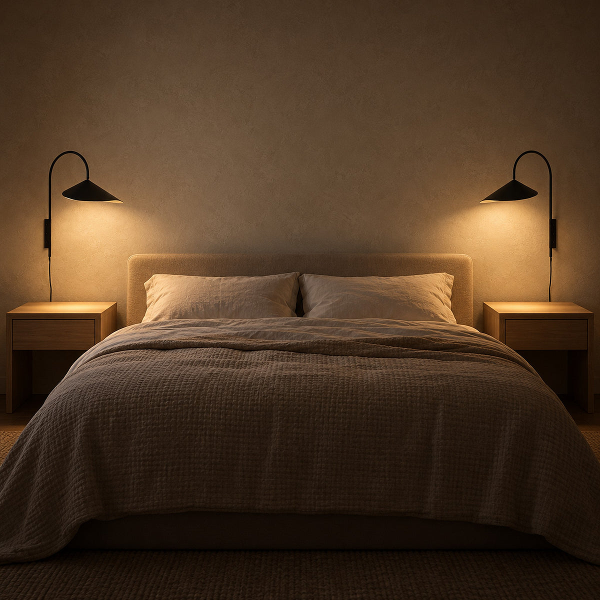 Talirsa black wall sconce pair lighting both sides of a guest bed at night