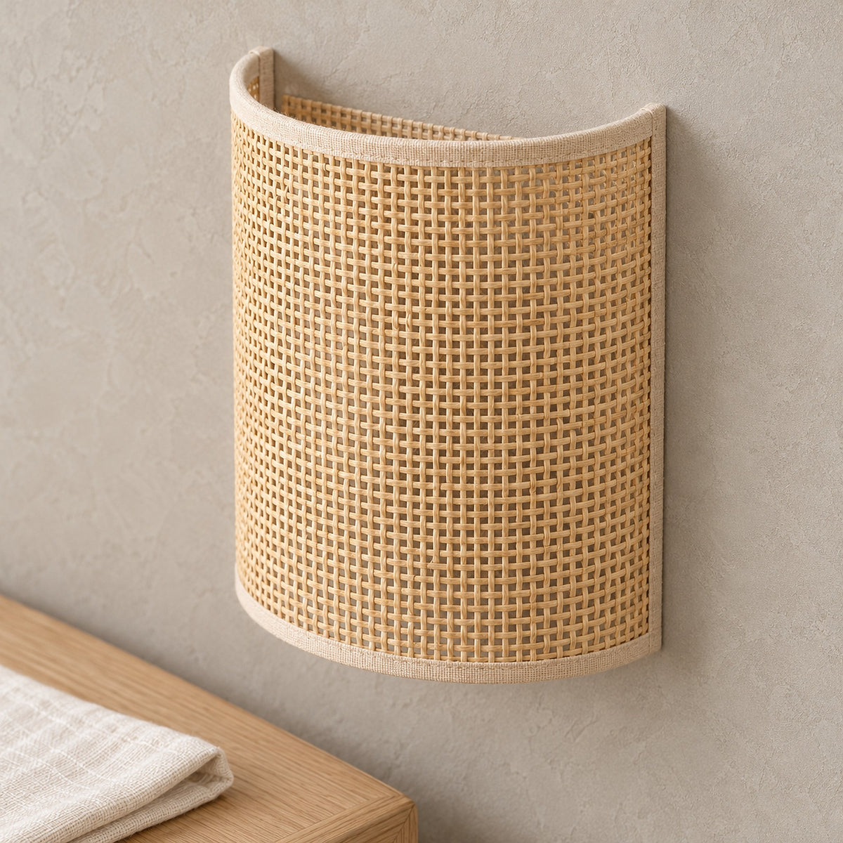 Talmevi light tan wall lamp close up showing the woven rattan strips and rim of the shade