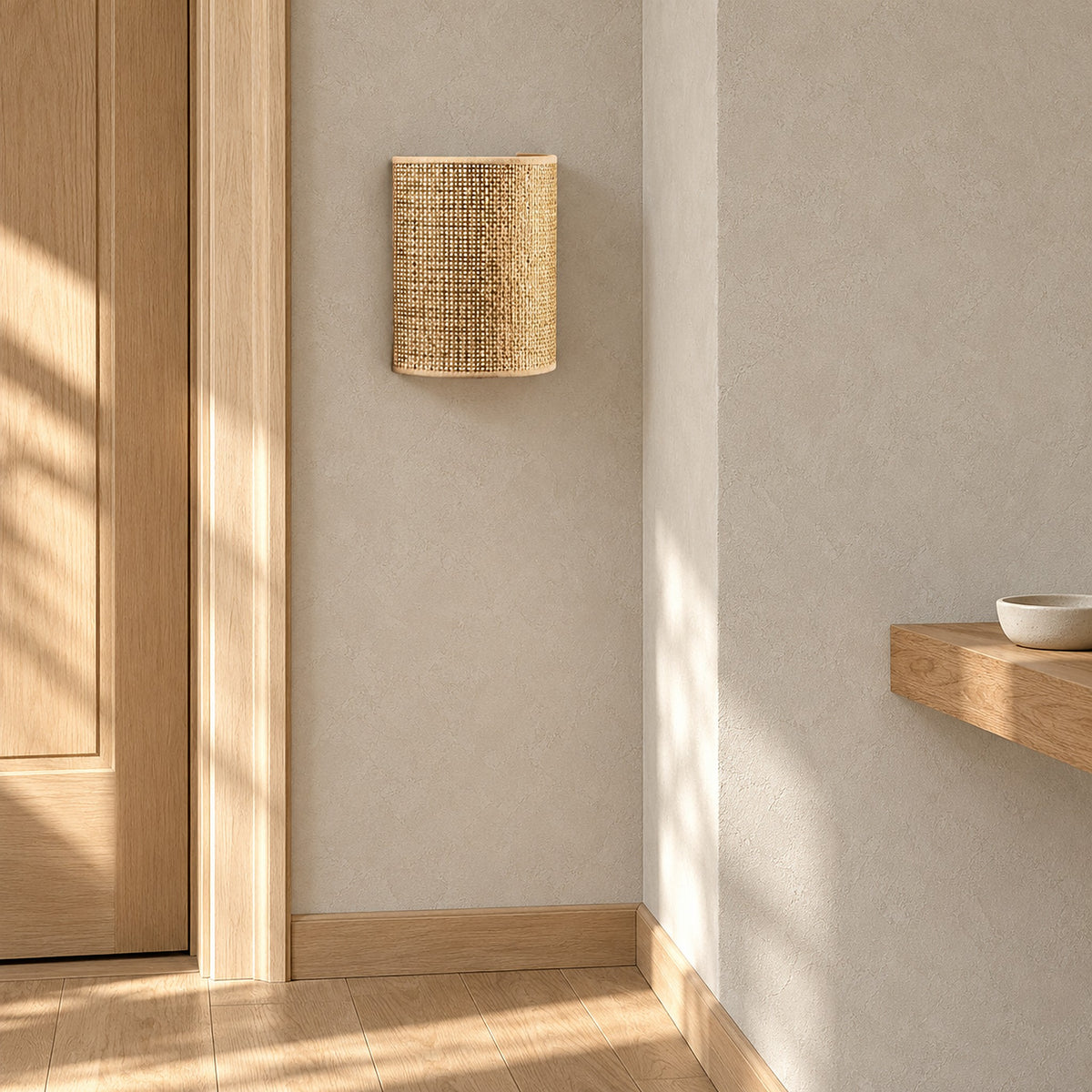 Talmevi light tan wall light fitting a narrow hallway, unlit against the plaster wall