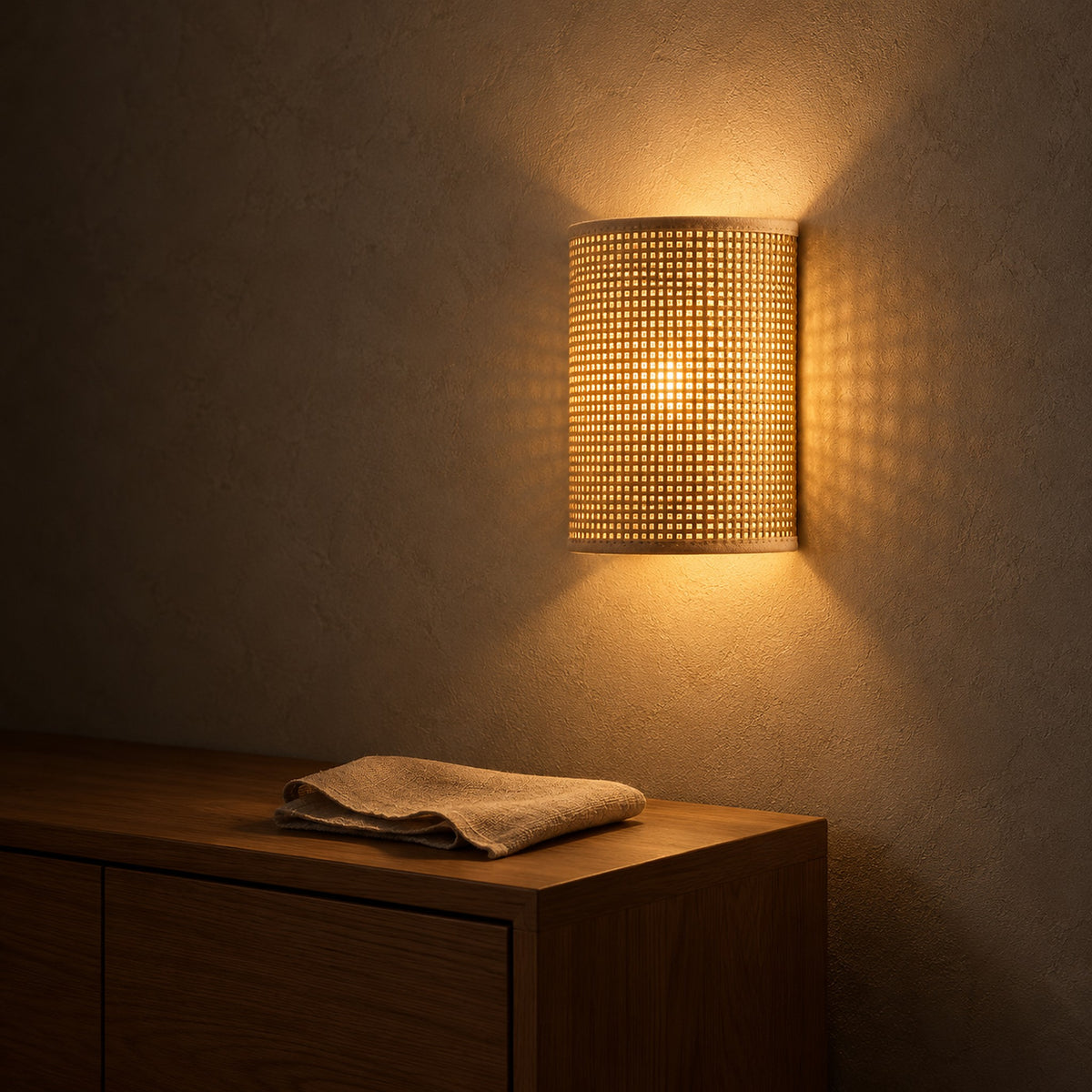 Talmevi light tan woven wall lamp glowing in a dining room after dark