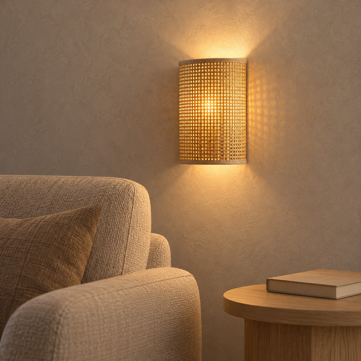 Talmevi light tan woven wall sconce glowing above the edge of a living room armchair