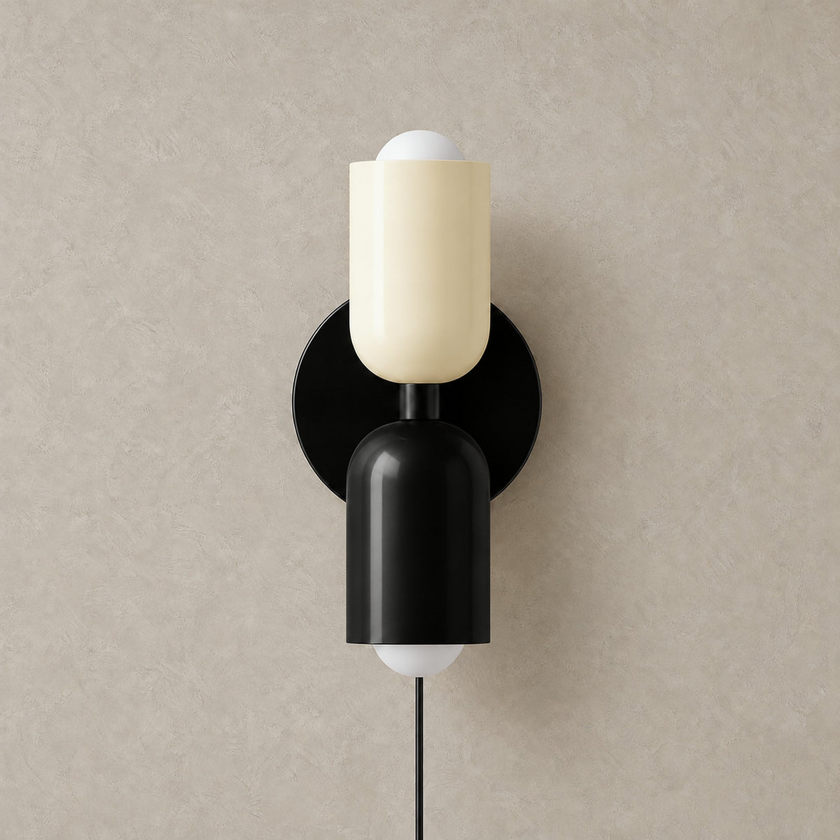Talomi beige and black wall light unlit on a plain backdrop showing its finish #color_beige & black