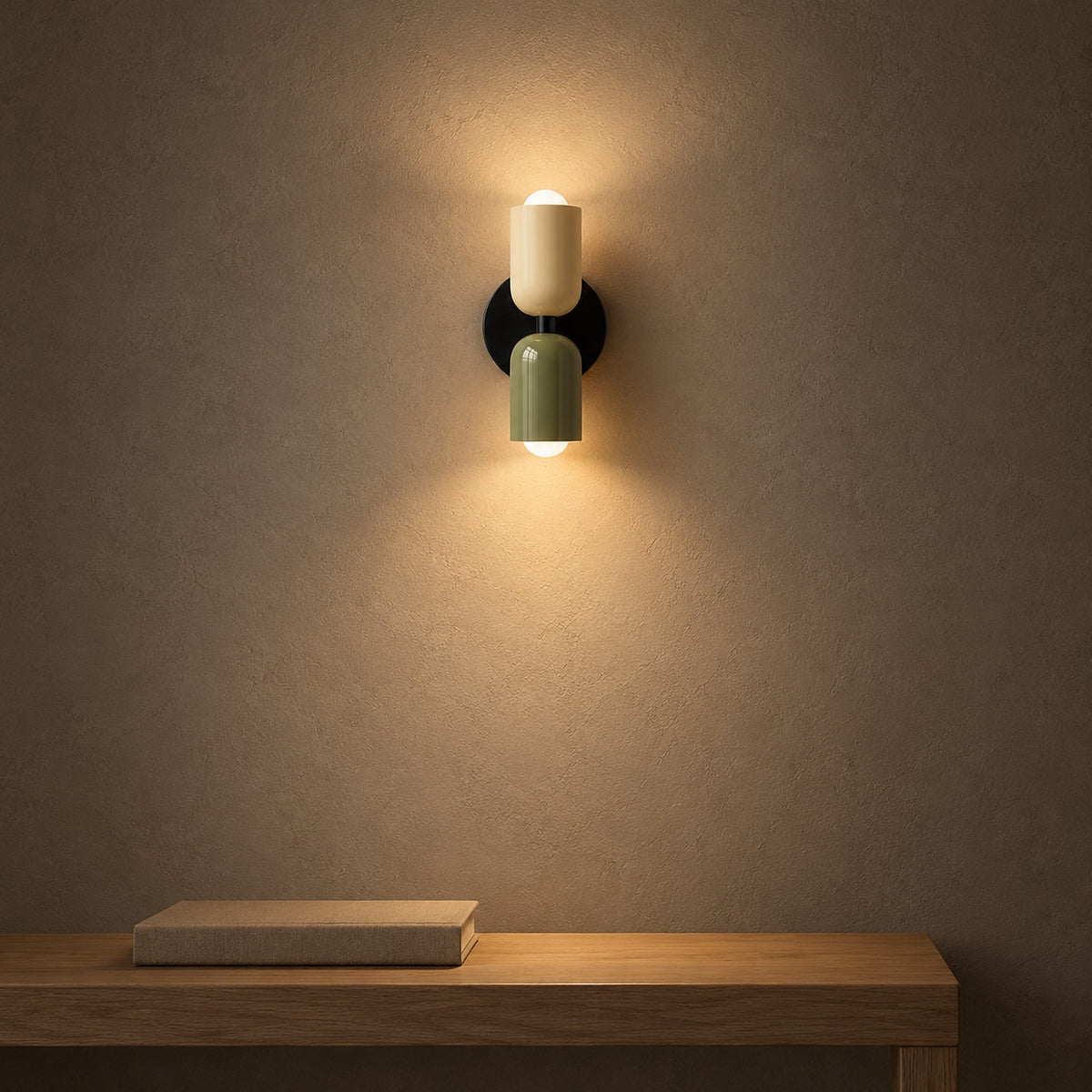 Talomi beige and green wall light casting opposing warm pools in an evening hallway #color_beige & green