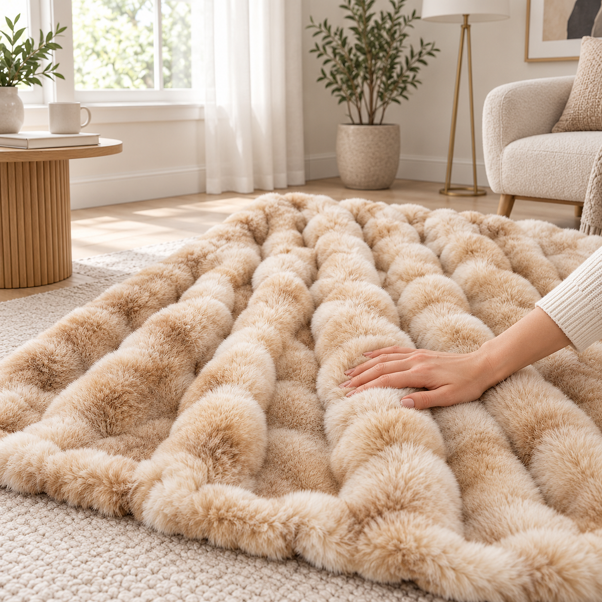 Taloveni beige gradient faux fur throw blanket gently pressed by a hand to show the knitted fur