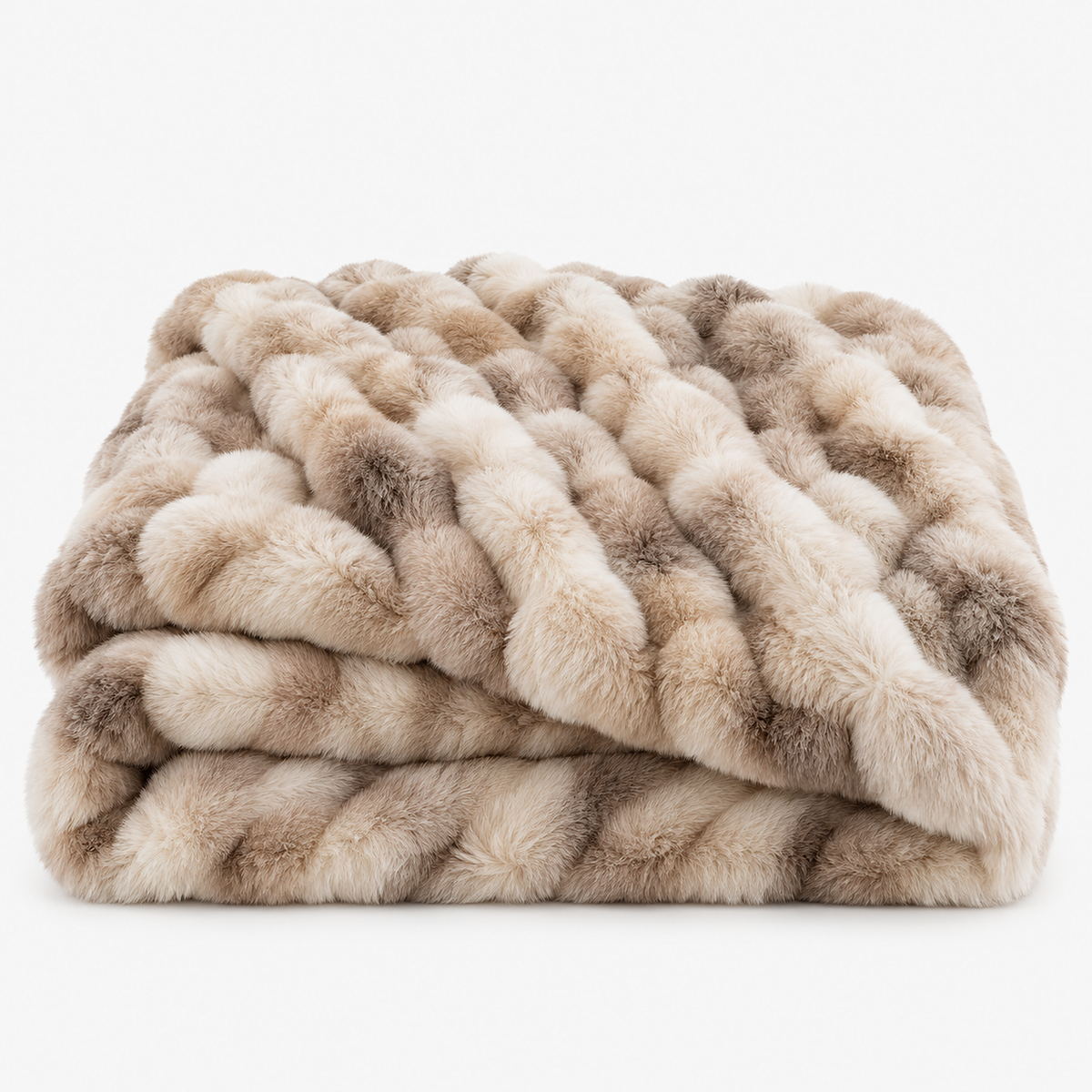Taloveni beige gradient faux fur throw blanket loosely folded, showing long rounded rows of fur