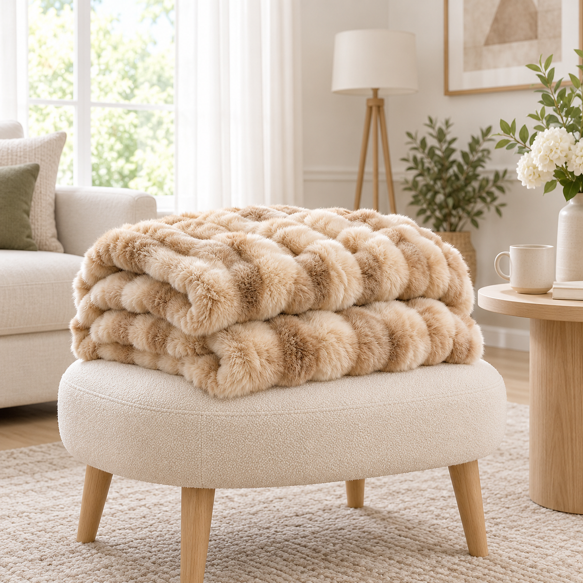 Taloveni beige gradient soft throw blanket folded in a dressing alcove, its thickness seen from the side