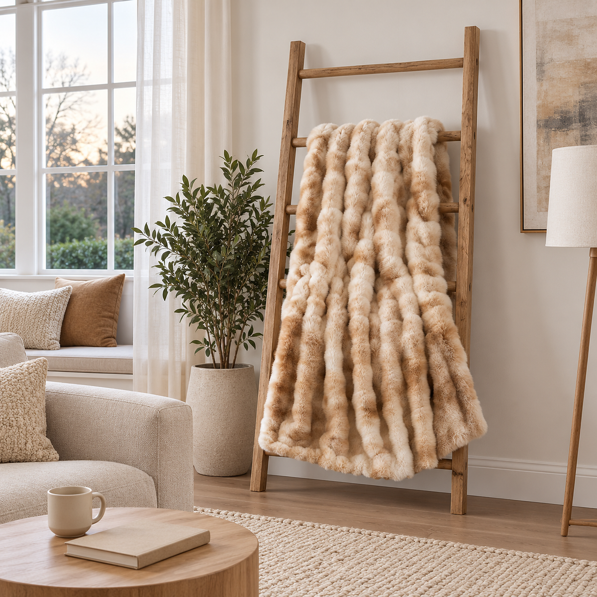 Taloveni Beige Gradient soft throw blanket draped over a wooden ladder beside a potted tree and armchair