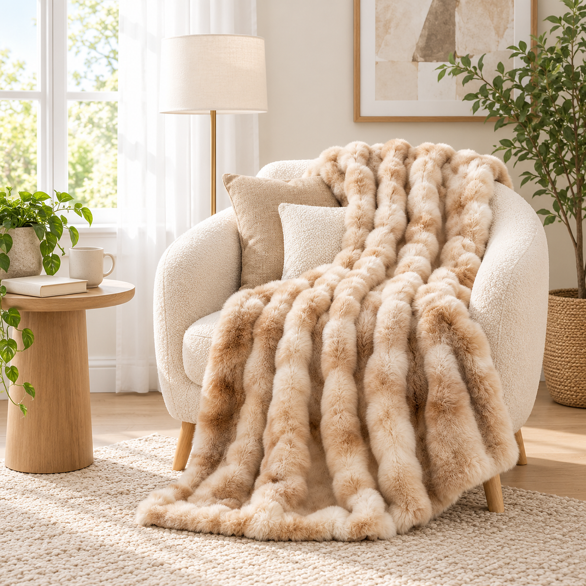 Taloveni beige gradient throw blanket for couch draped over a reading armchair beside a closed book