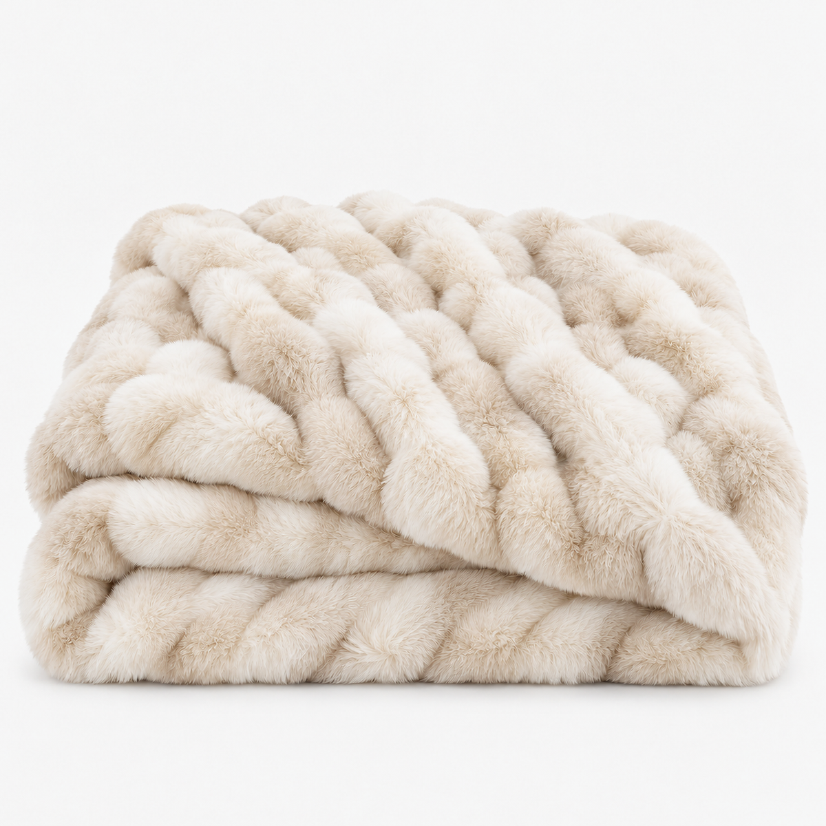 Taloveni ivory throw blanket loosely folded, its knitted faux fur showing long rounded rows #color_ivory
