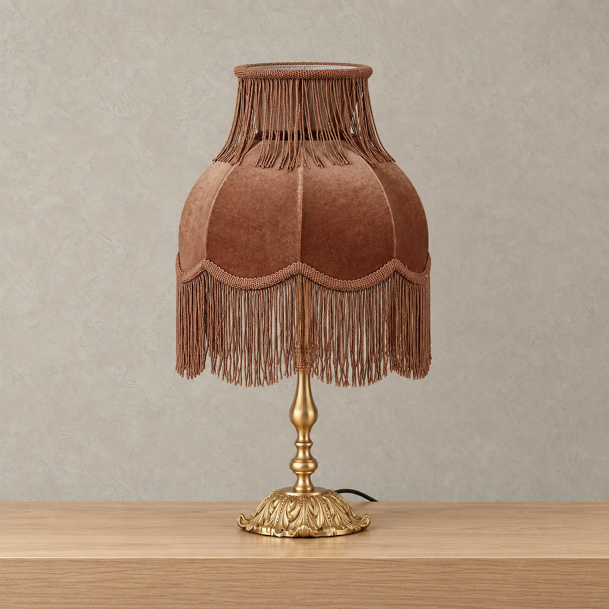 Tamelvo brown fringe table lamp with fabric shade and hanging tassels shown unlit