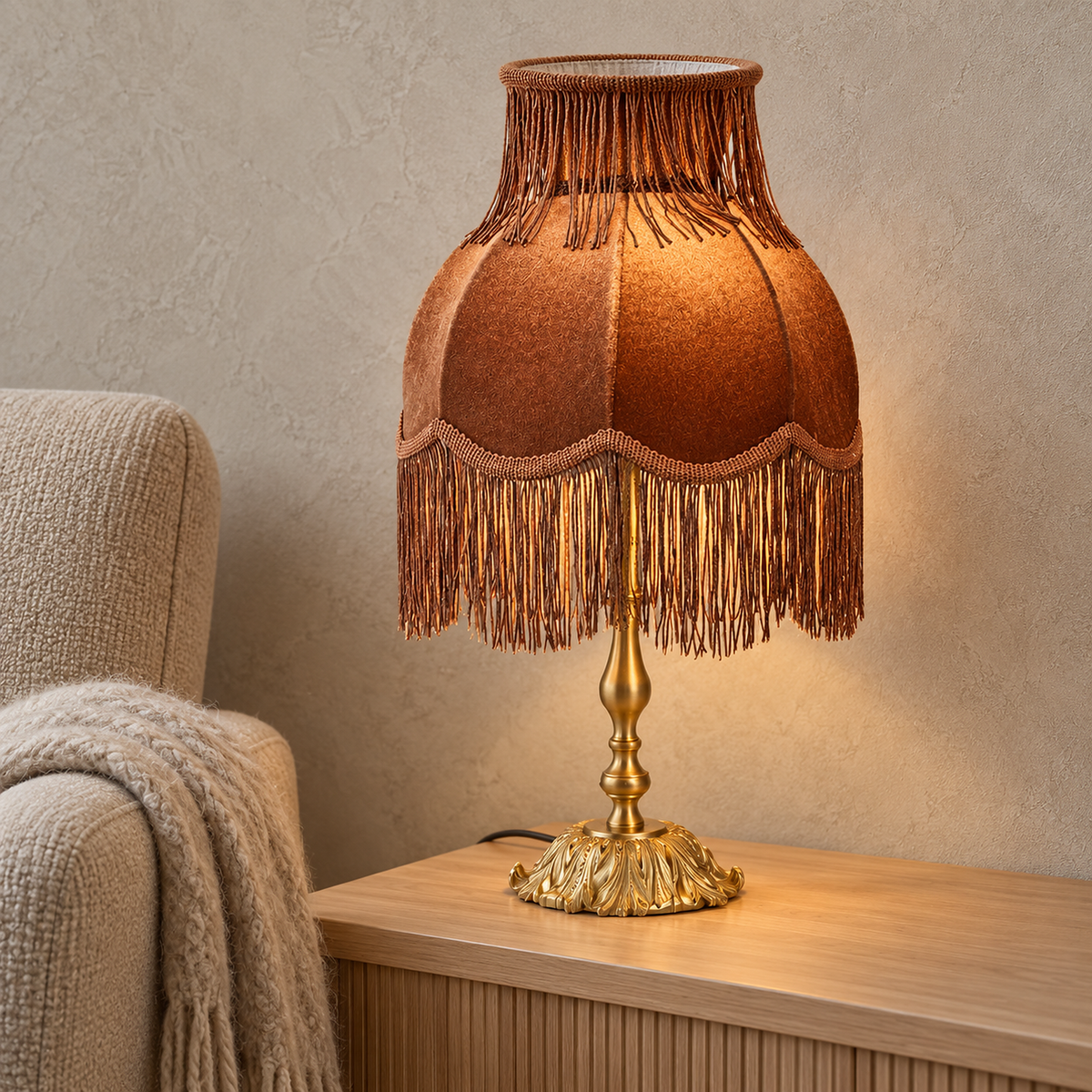 Tamelvo brown table lamp glowing beside an armchair in a library reading corner