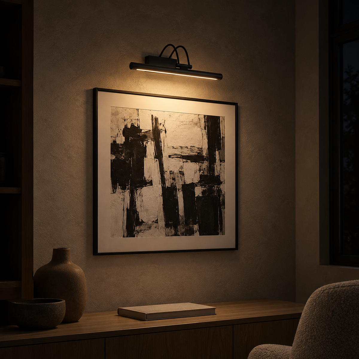 Tamirel black battery operated wall sconce softly lighting framed study art at night