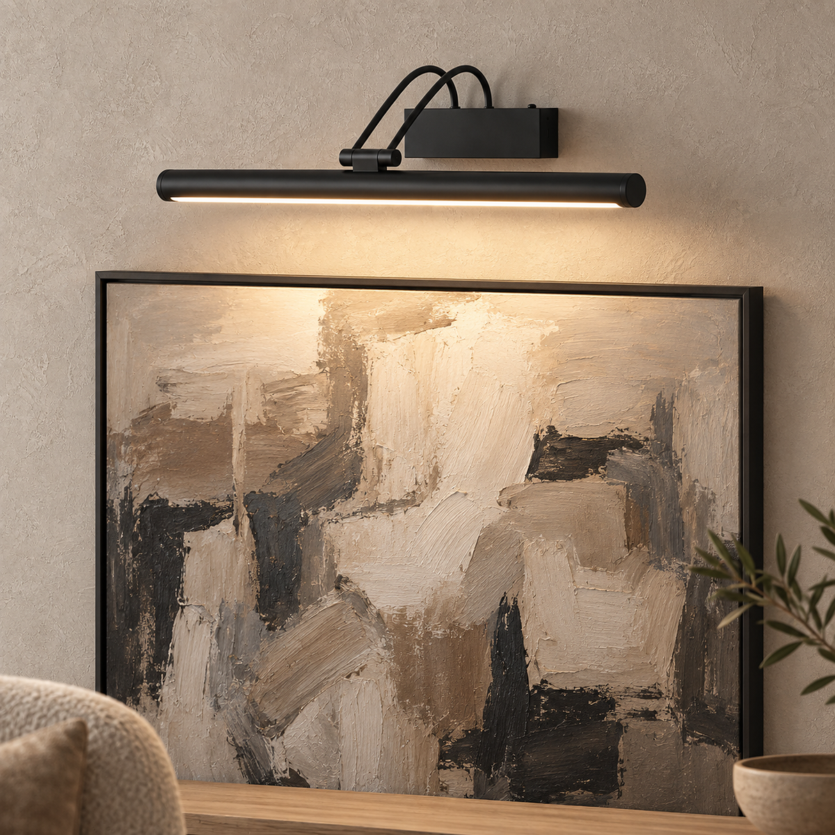 Tamirel black cordless wall lamp lighting framed study artwork in daylight