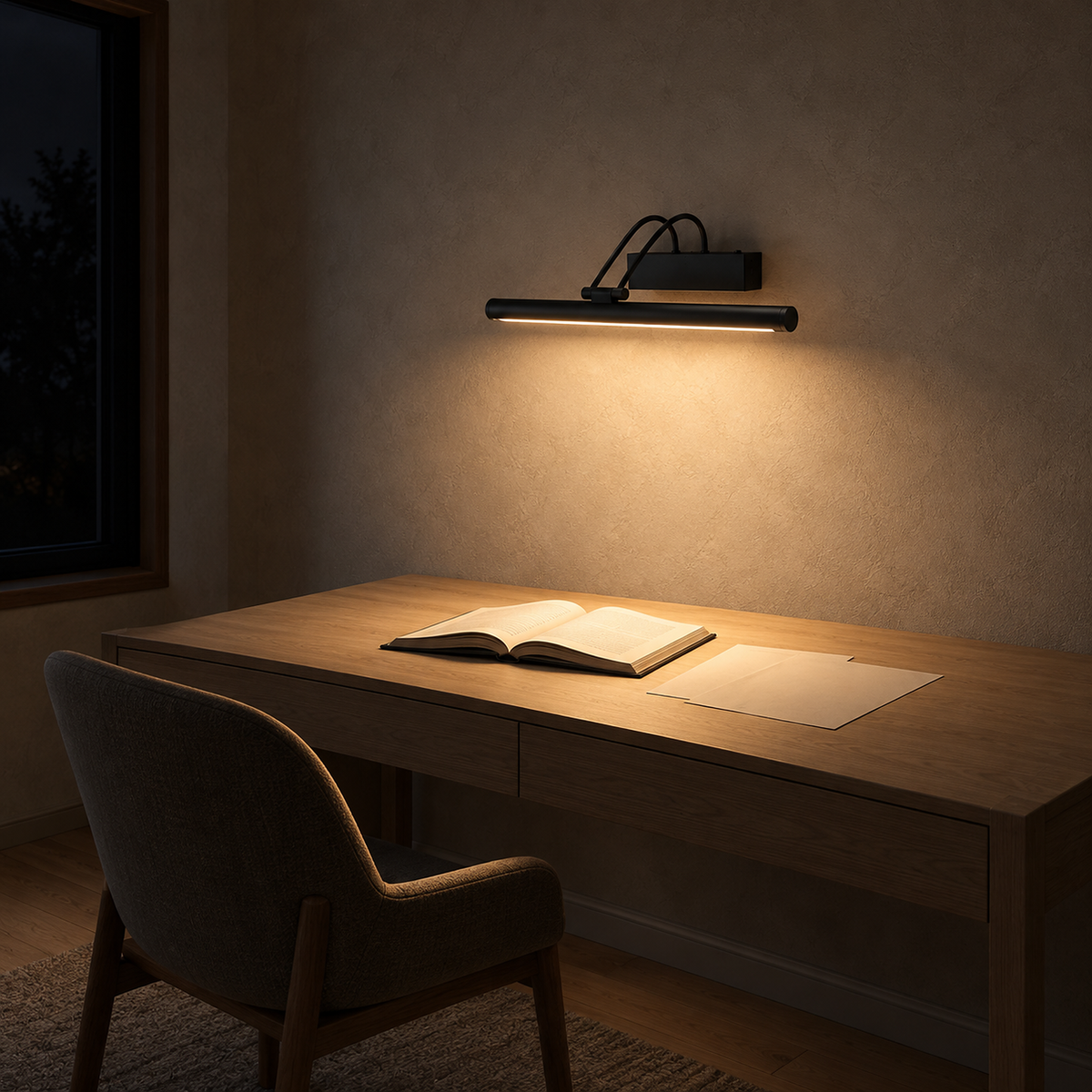 Tamirel black LED wall sconce above a home office desk casting task light on the work surface