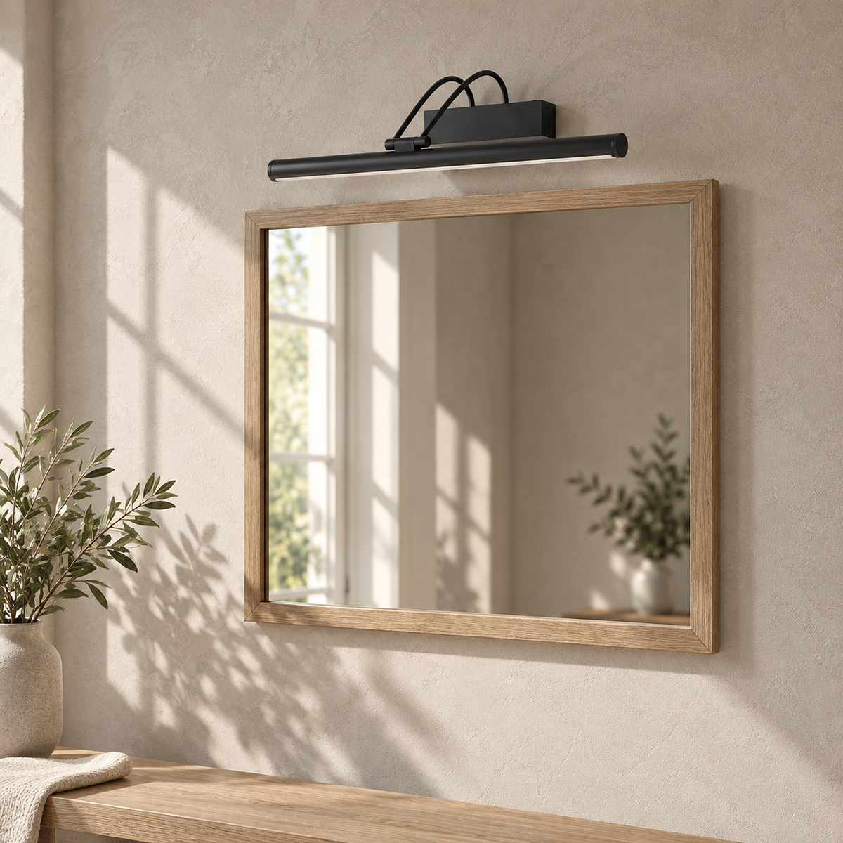 Tamirel black rechargeable wall sconce mounted unlit above an entryway mirror