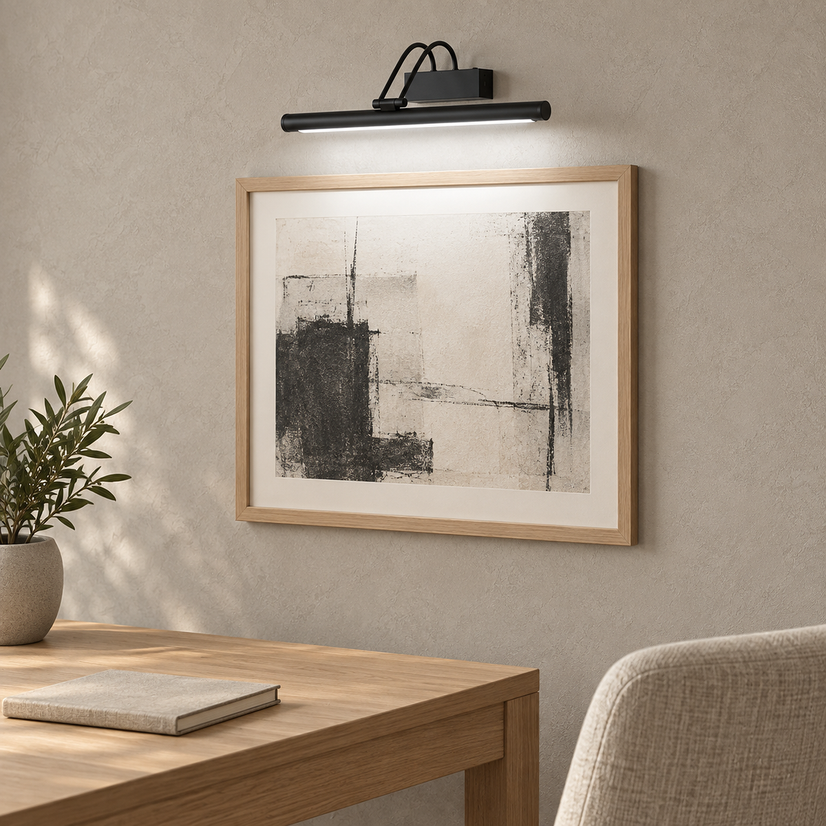 Tamirel black wireless wall light switched on above framed study artwork in daytime light