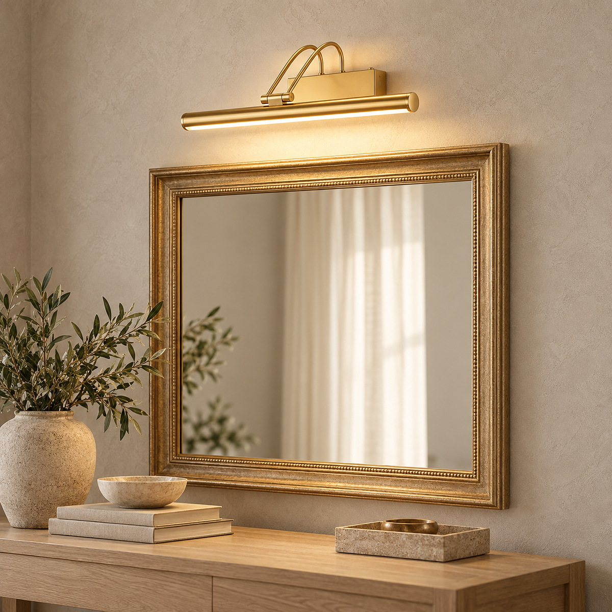 Tamirel gold cordless wall lamp lit above an entryway mirror in daylight #color_gold