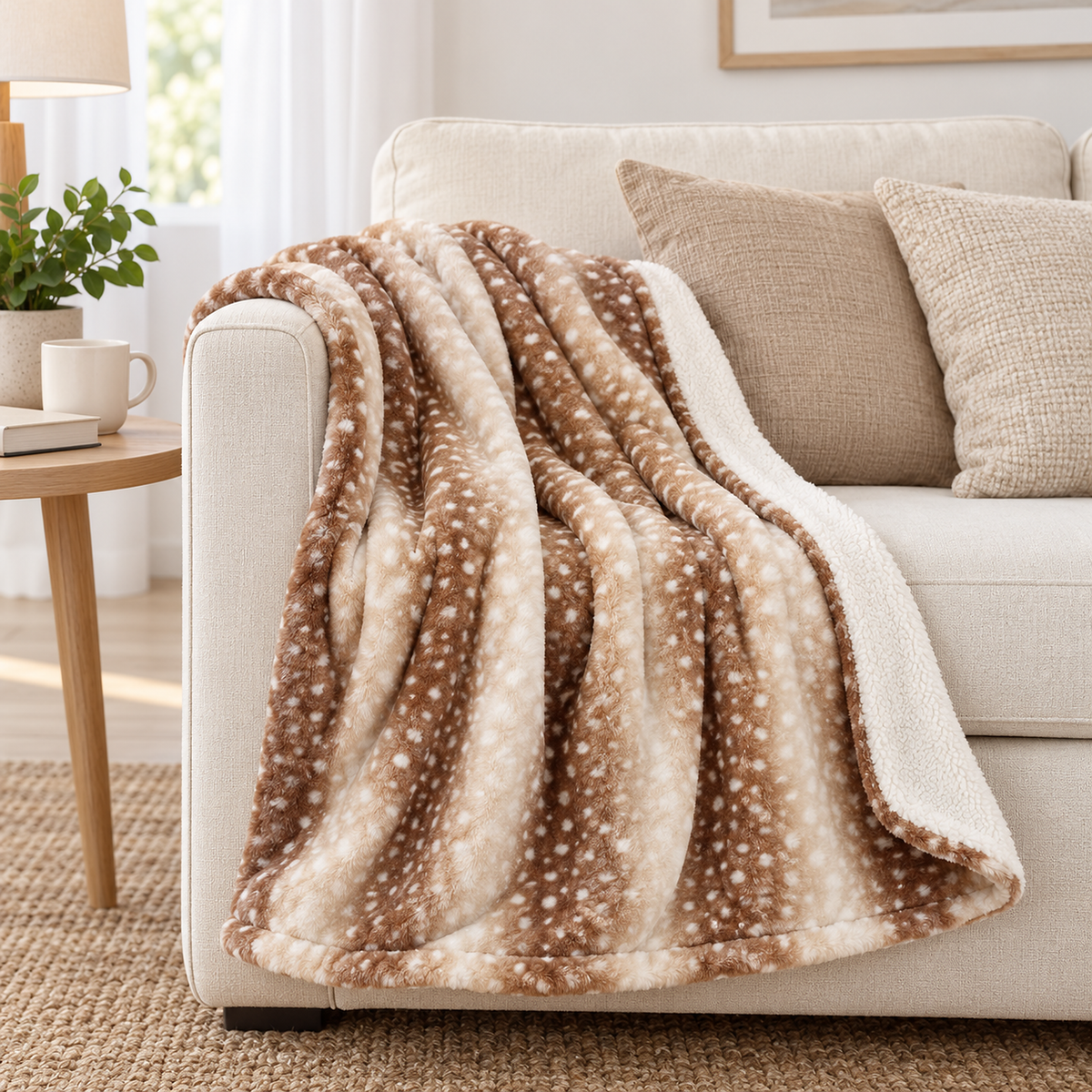 Tamivelo brown spotted throw blanket draped over the arm of an ivory sofa in a living room