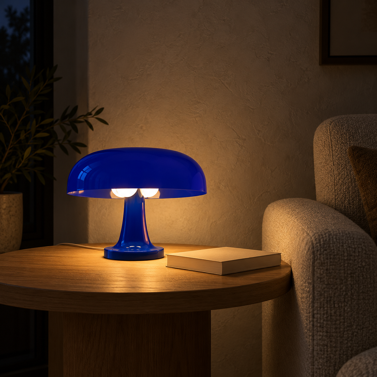 Tamolise blue bedside lamp casting warm light beside a chair at night #color_blue