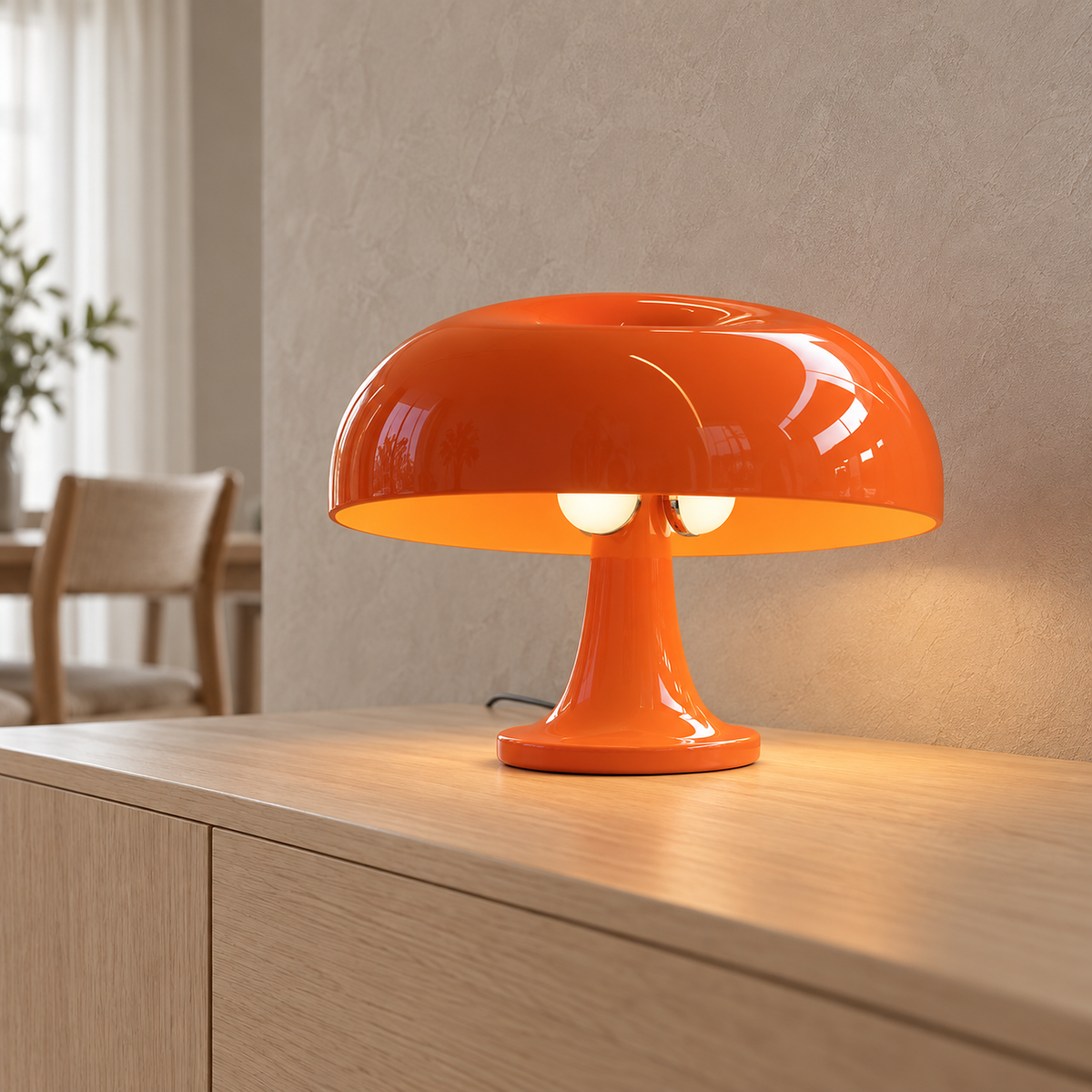 Tamolise mushroom table lamp in orange, lit beneath its dome on a dining room sideboard