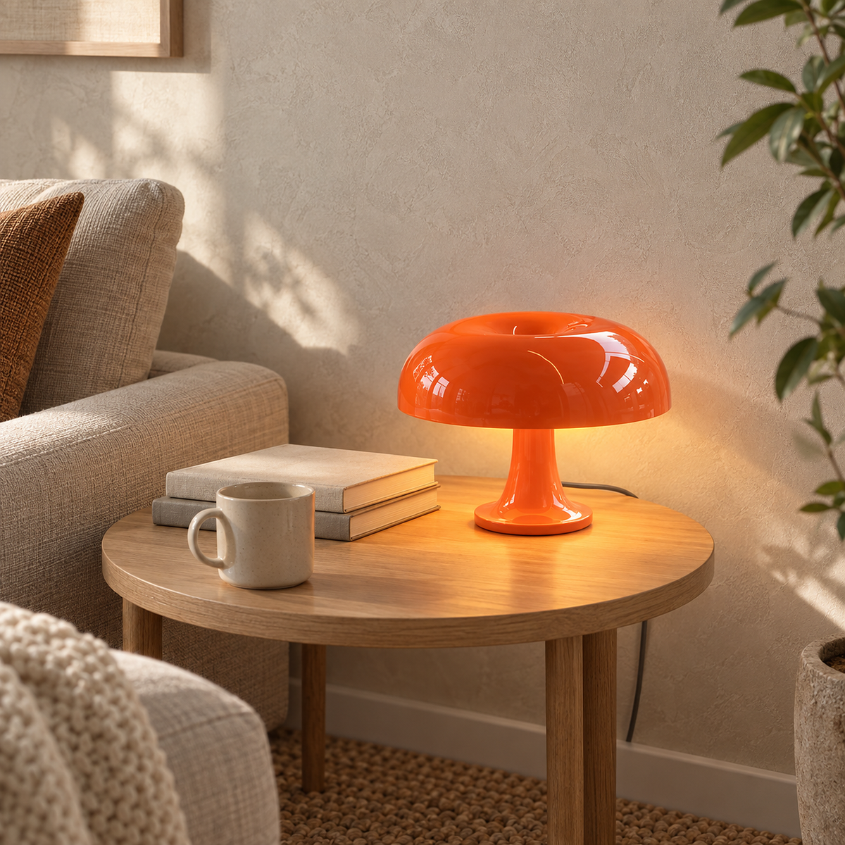 Tamolise orange bedside lamp beside books and a mug in a sunlit living room