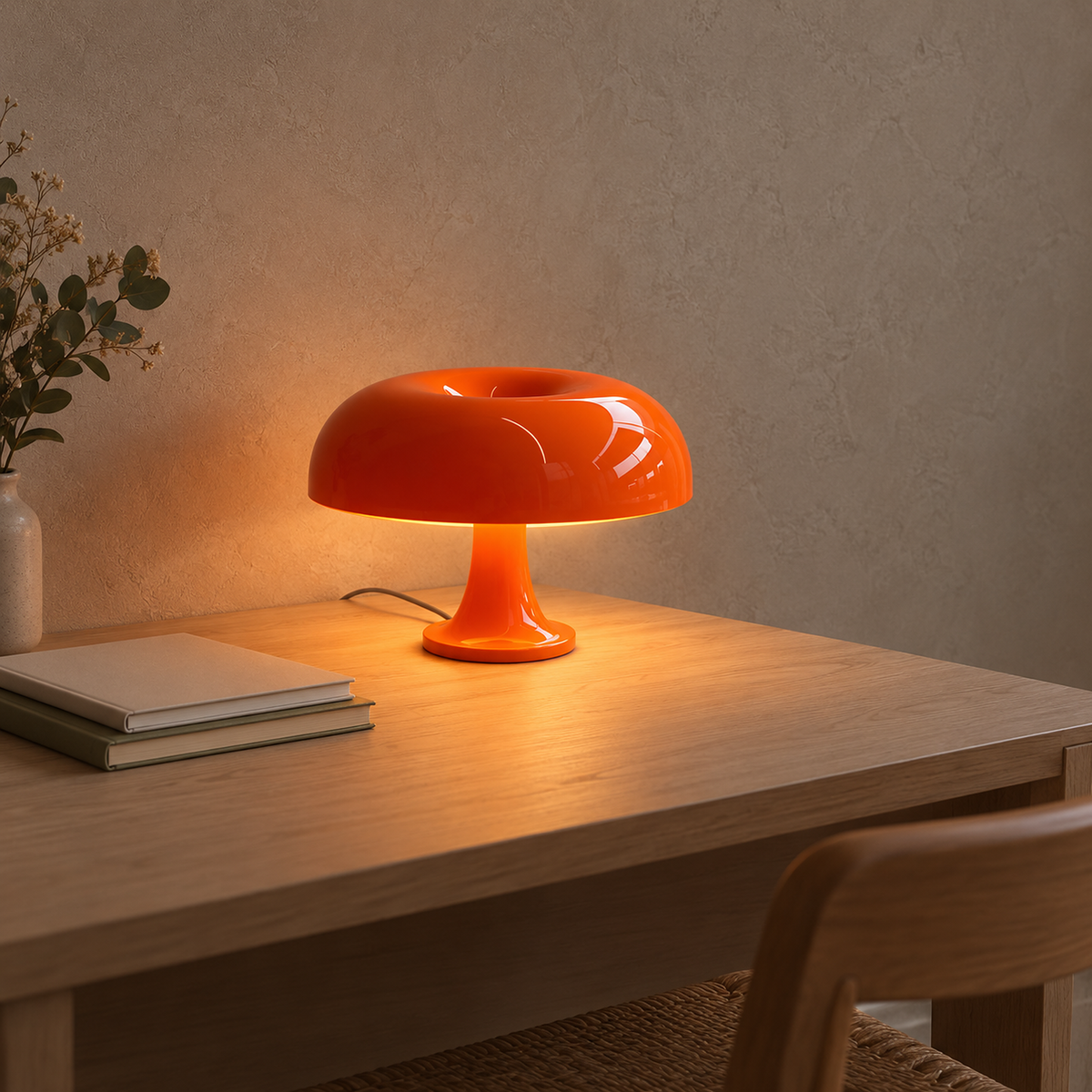 Tamolise orange table lamp glowing beside notebooks on a home office desk