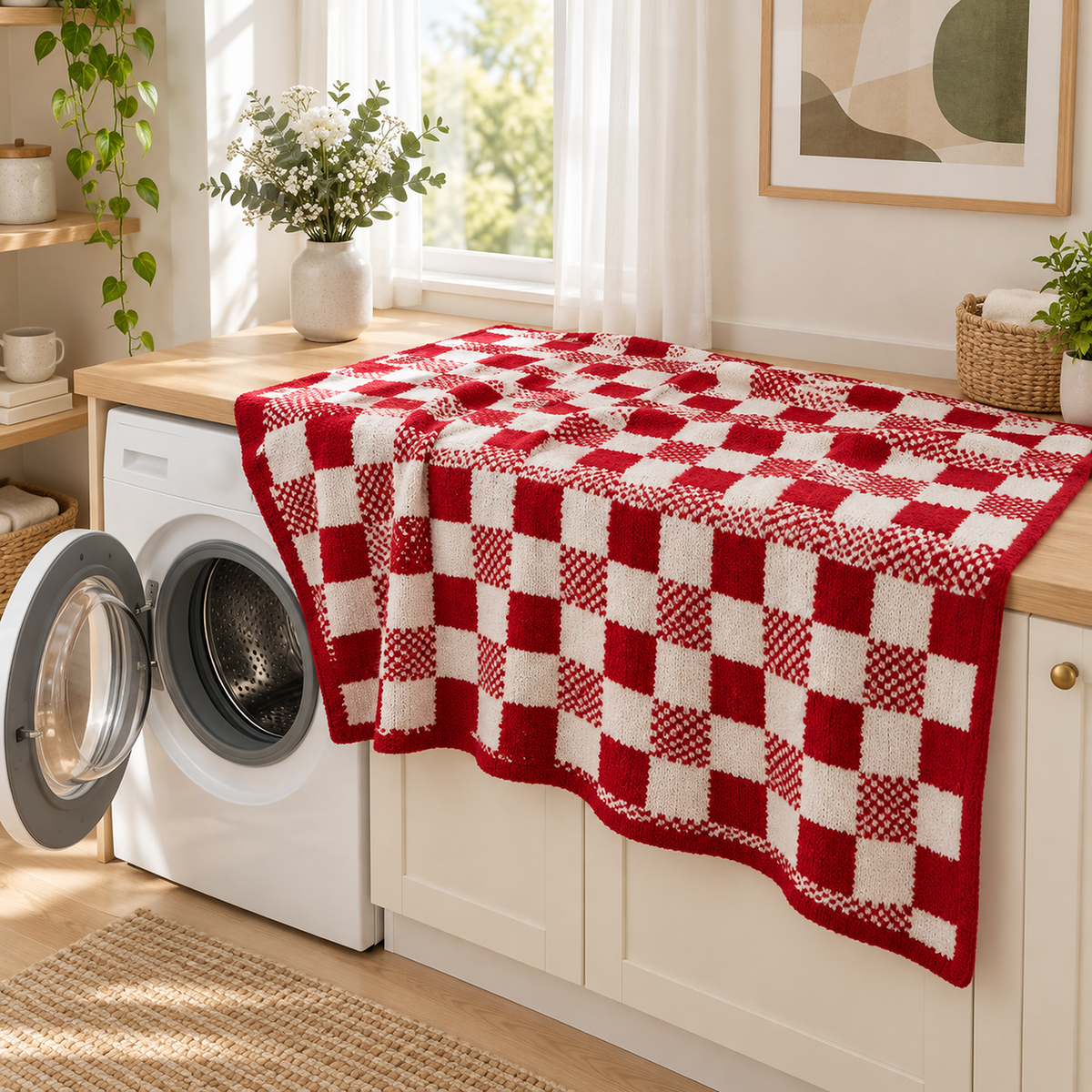 Tamosira red and white knit throw blanket beside an open washer, washable on a cold machine cycle