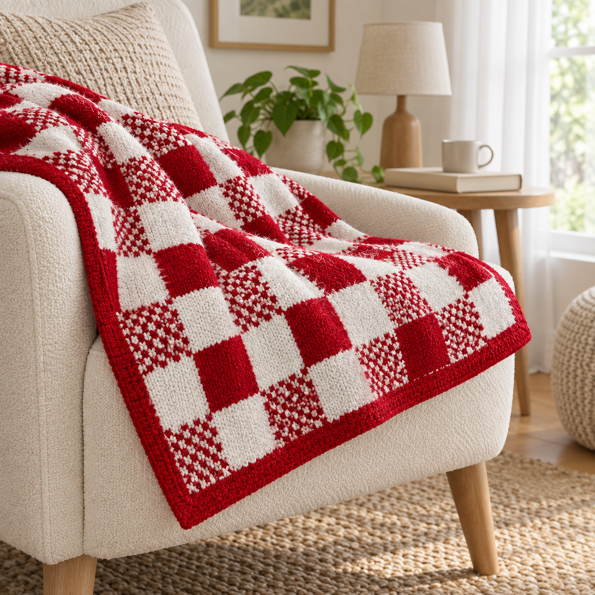 Tamosira red and white knit throw blanket corner with a continuous red knitted border in a reading corner