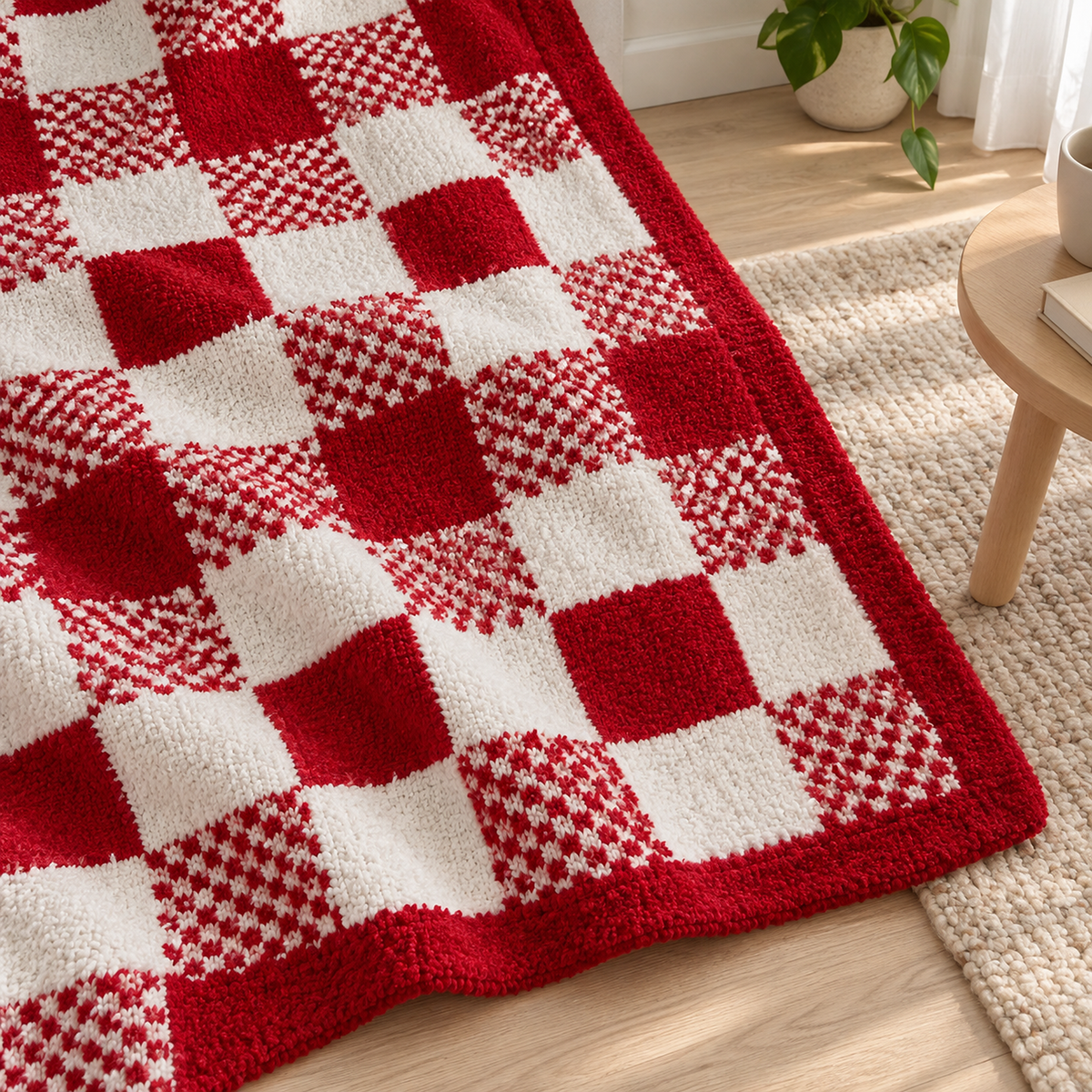 Tamosira red and white knit throw blanket up close, solid and finely patterned squares side by side