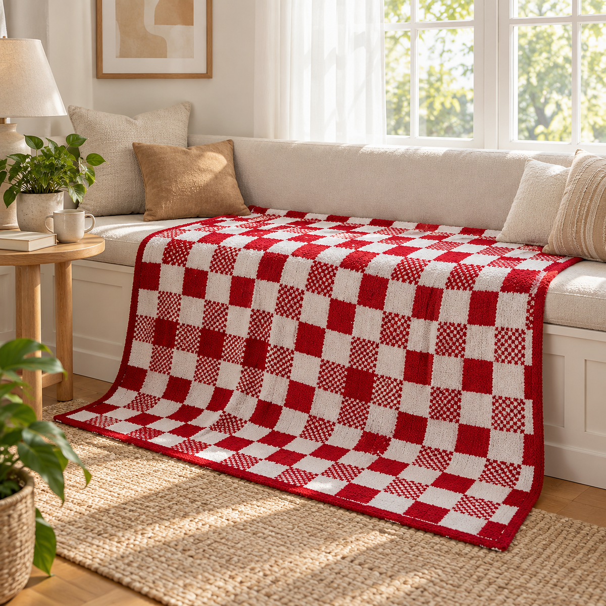 Tamosira red and white soft throw blanket laid over a cushioned window seat with scatter cushions in a bright study