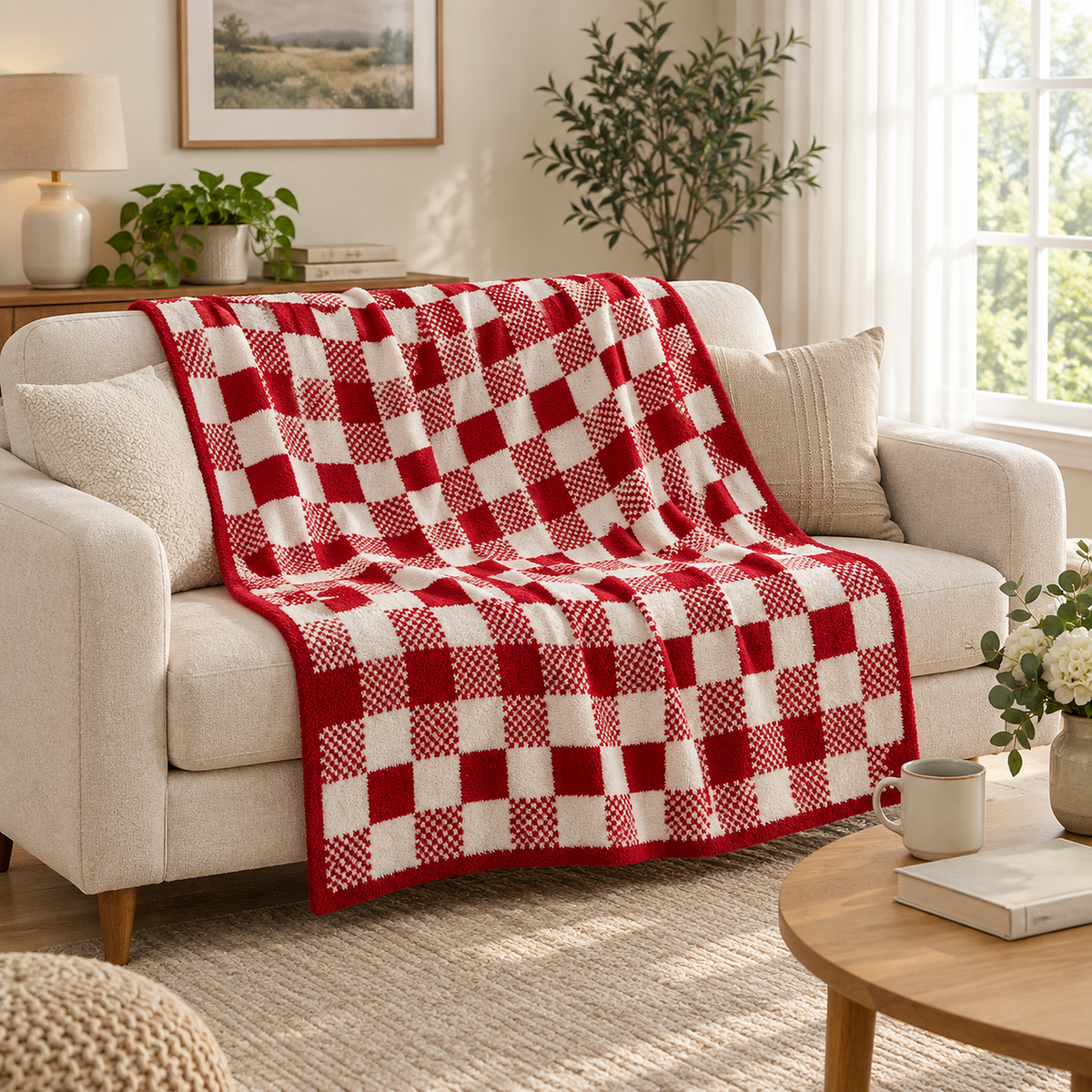 Tamosira red and white checked throw blanket for couch with a red border draped over a cream loveseat