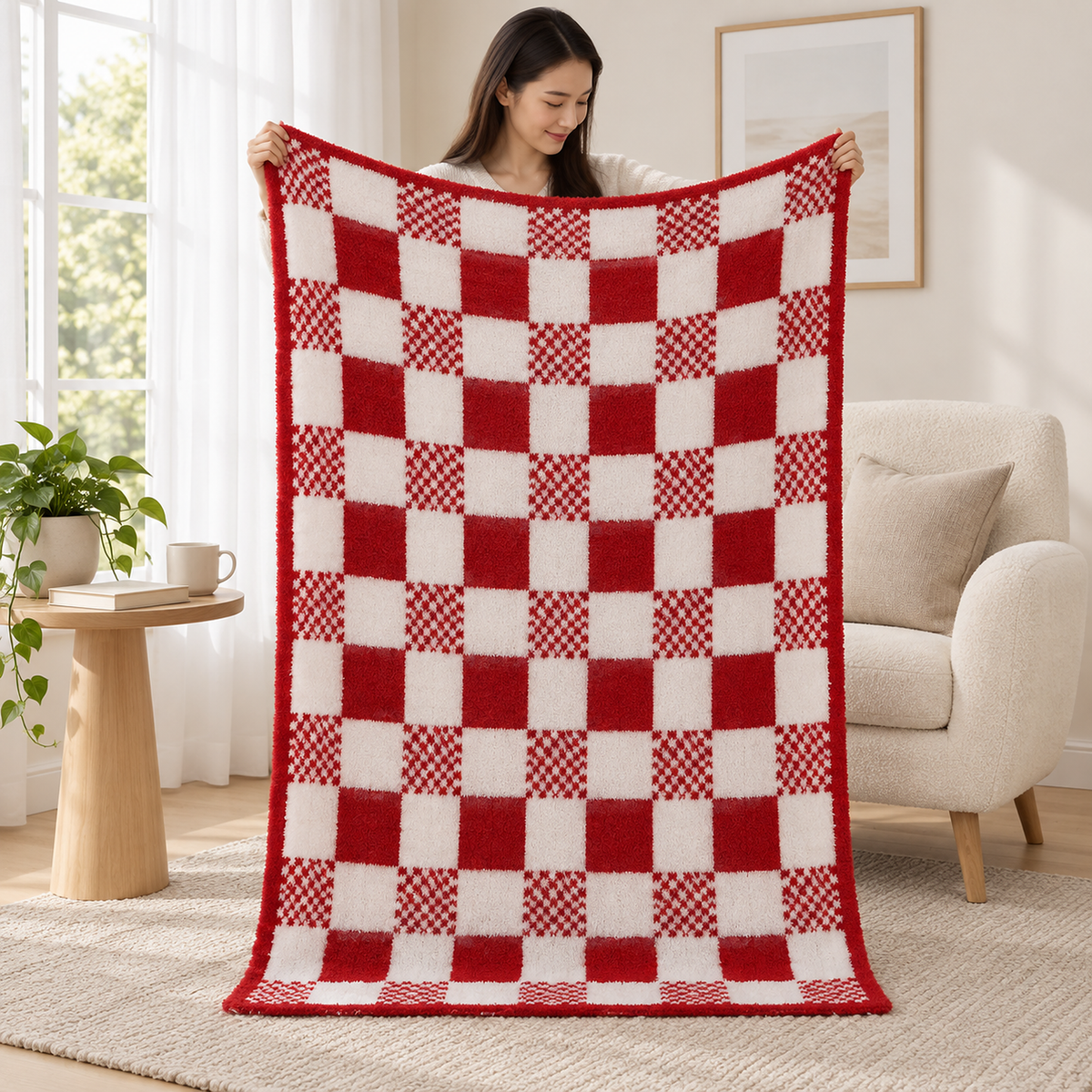 Tamosira red and white throw blanket held open lengthwise by an adult beside a reading chair