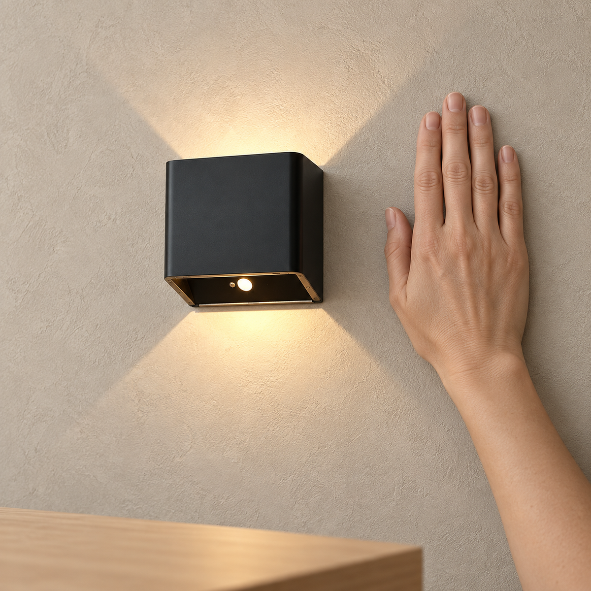 Tanelia black rechargeable wall sconce mounted on a study wall beside a hand