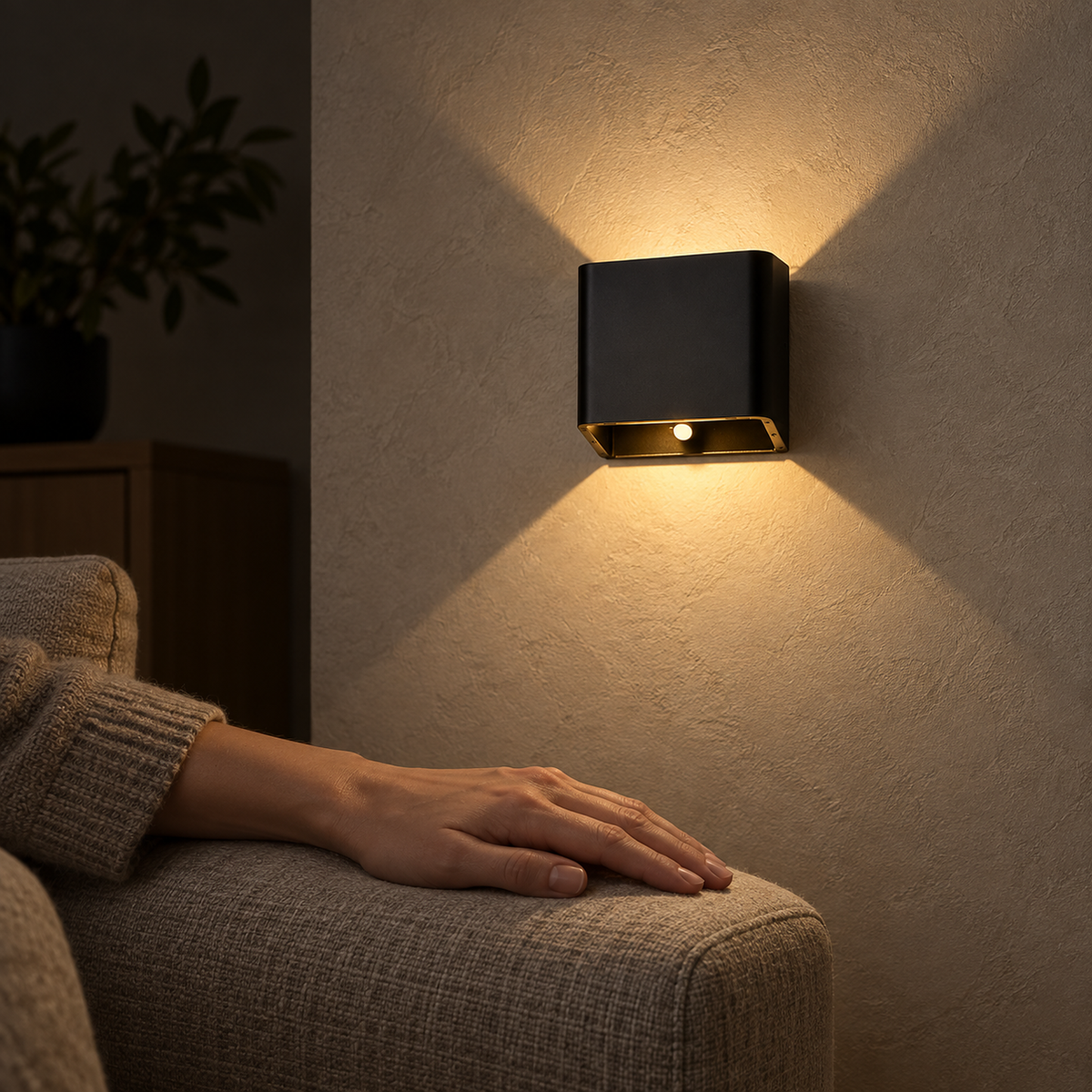 Tanelia black wireless wall light casting warm fans beside an occupied oatmeal chair at night