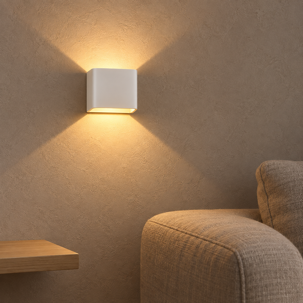Tanelia white battery operated wall sconce beside an arm and a clear shelf in a snug #color_white