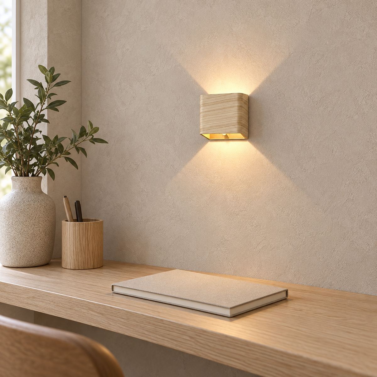 Tanelia wood rechargeable wall sconce glowing above a shelf corner in a study #color_wood