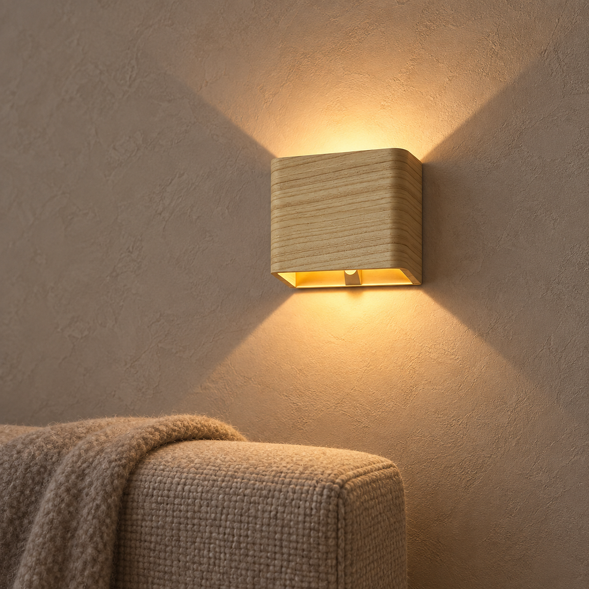 Tanelia wood wireless wall light warming plaster beside an oatmeal chair arm #color_wood