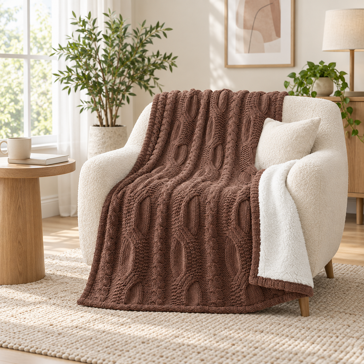 Tarivel brown chunky knit blanket draped over an ivory accent chair in a guest sitting nook #color_brown
