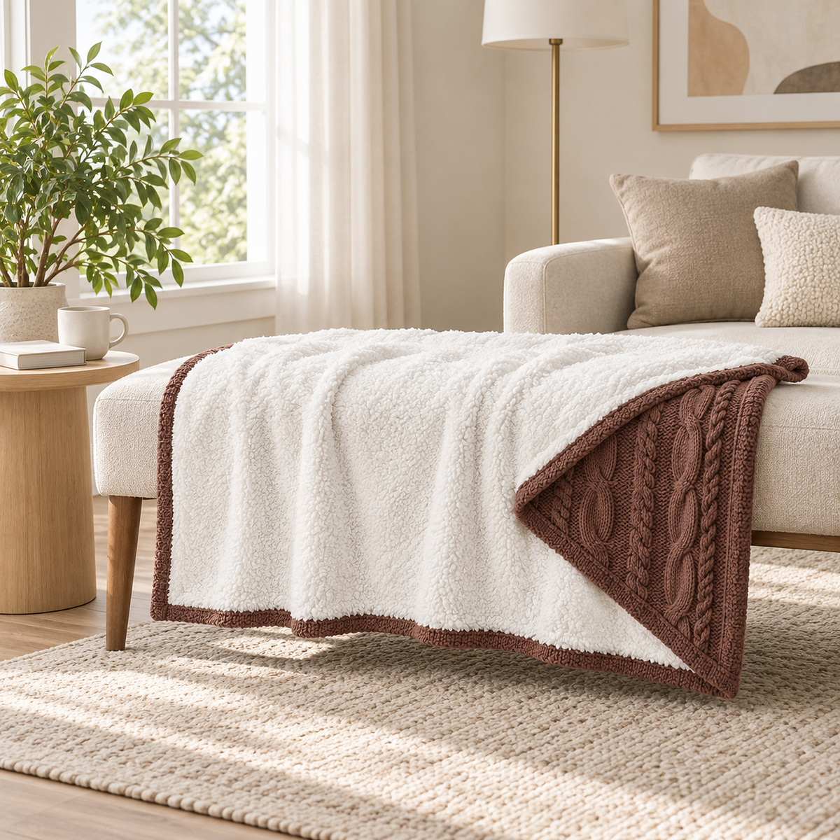 Tarivel brown fleece throw blanket turned sherpa side up on a music room bench corner #color_brown