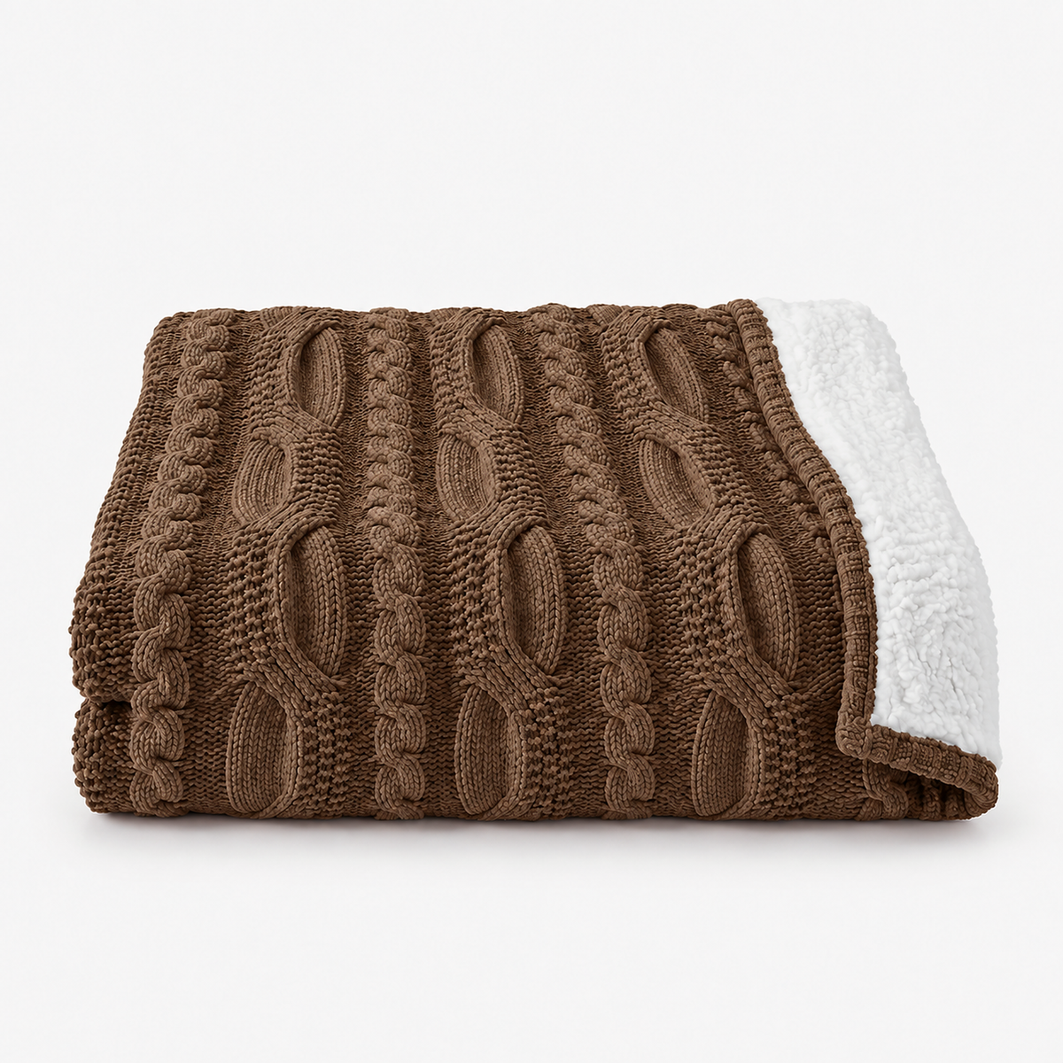 Tarivel brown knit throw blanket folded on white with cable knit chenille and sherpa reverse #color_brown