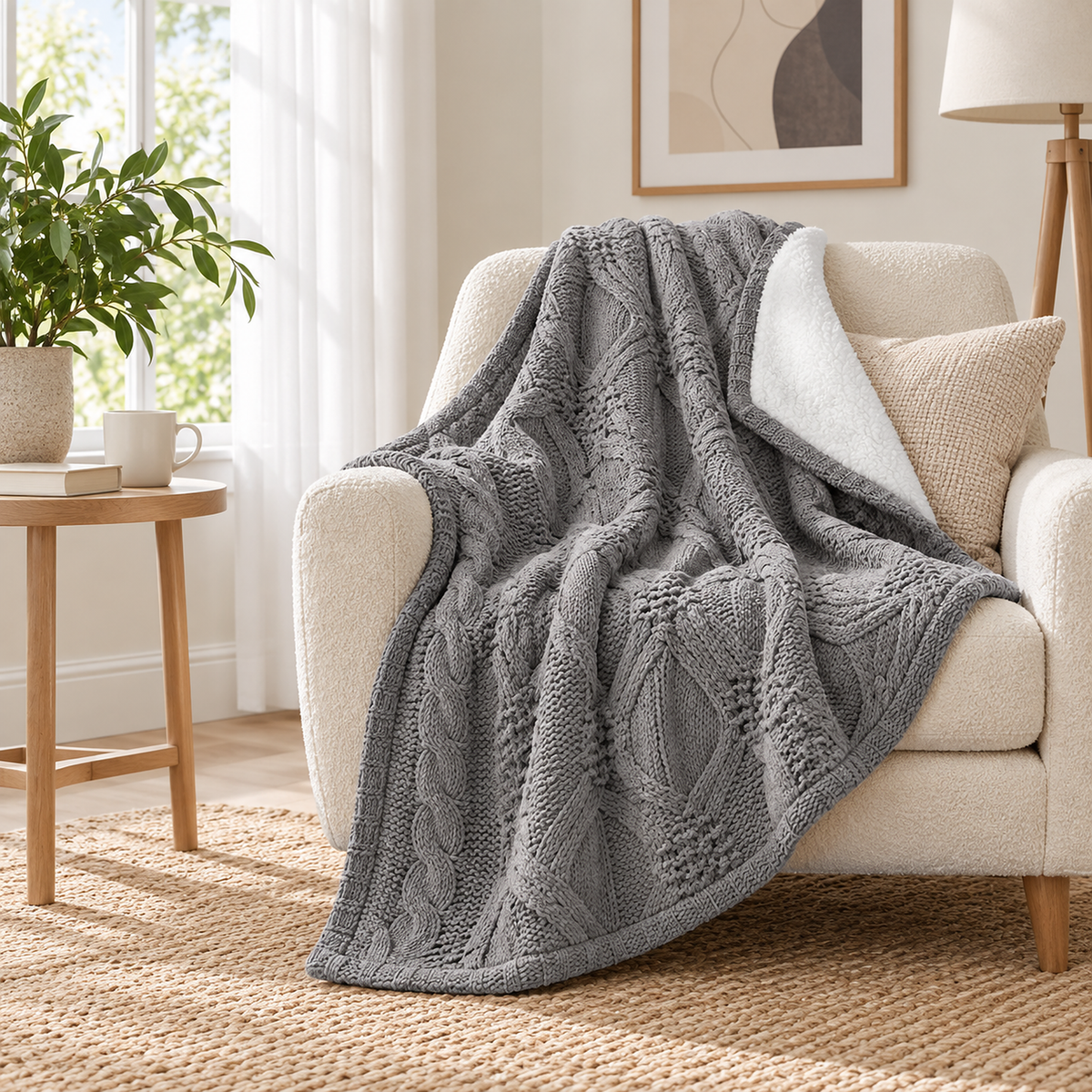 Tarivel gray soft throw blanket draped across an ivory lounge chair on an upstairs landing #color_gray