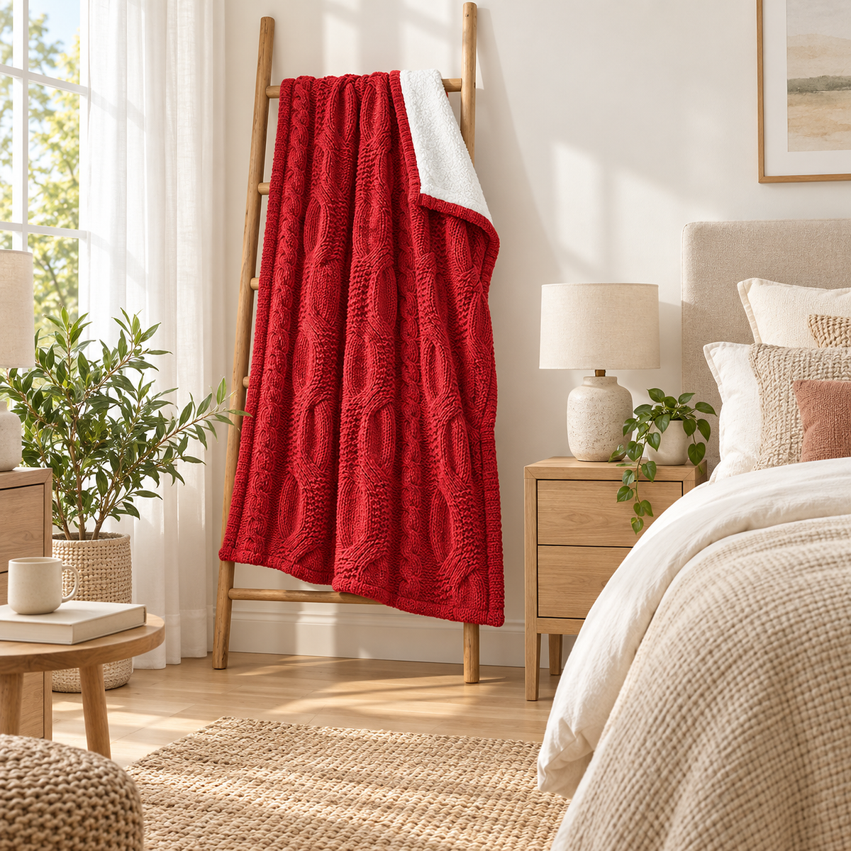Tarivel red sherpa throw blanket hung open on a wooden ladder with its fleece reverse showing