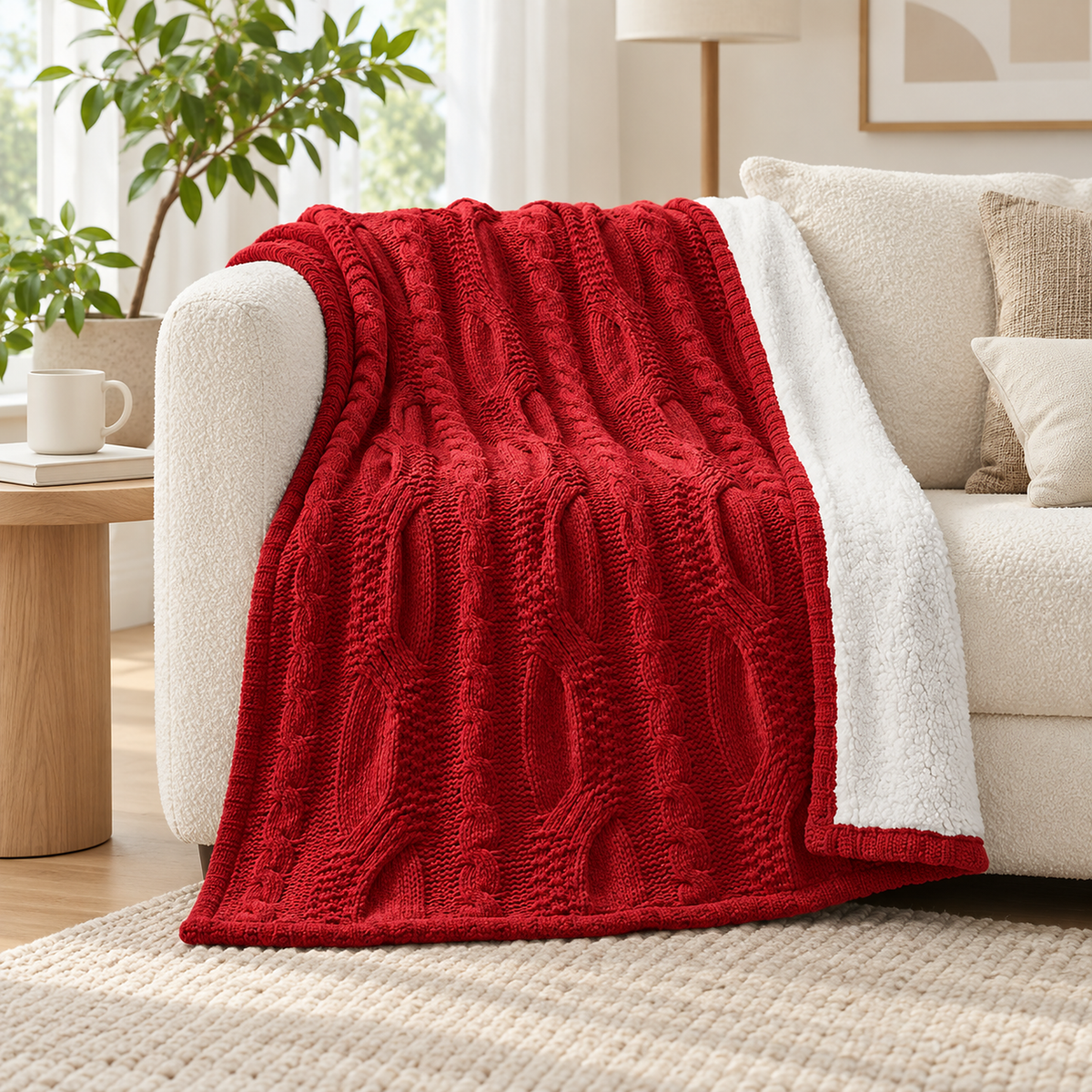 Tarivel red throw blanket for couch draped over a white sofa arm in a bright living room
