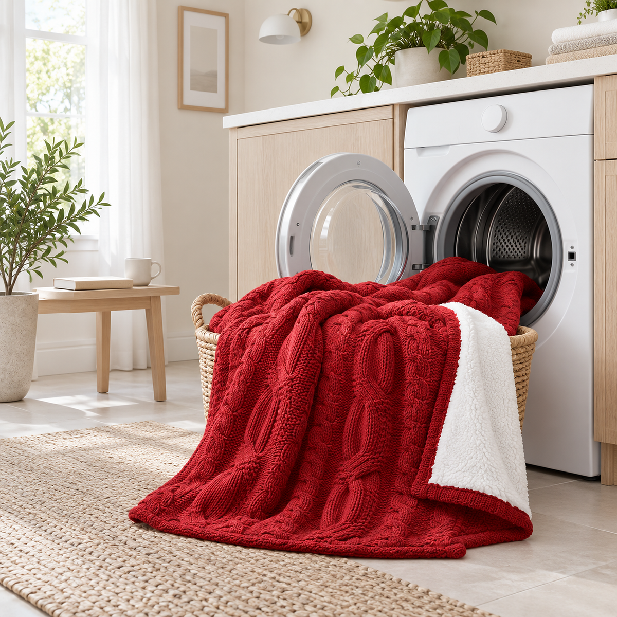 Tarivel red throw blanket ready for the machine wash in a daylit home utility room