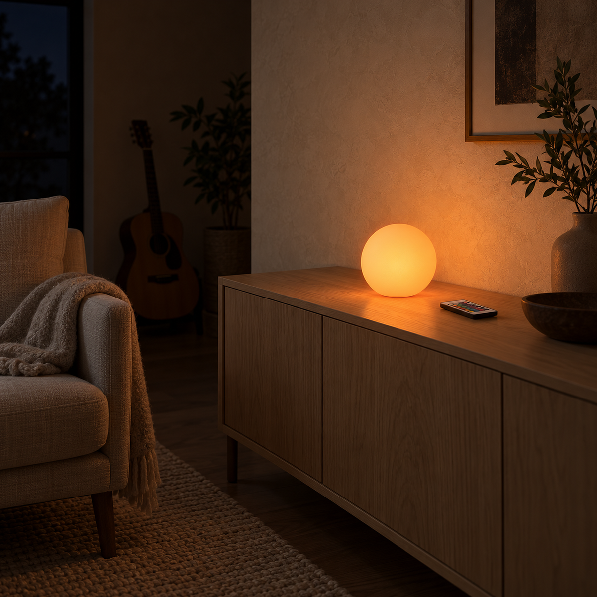 Tarmela white battery operated table lamp casting warm orange evening light in a music room