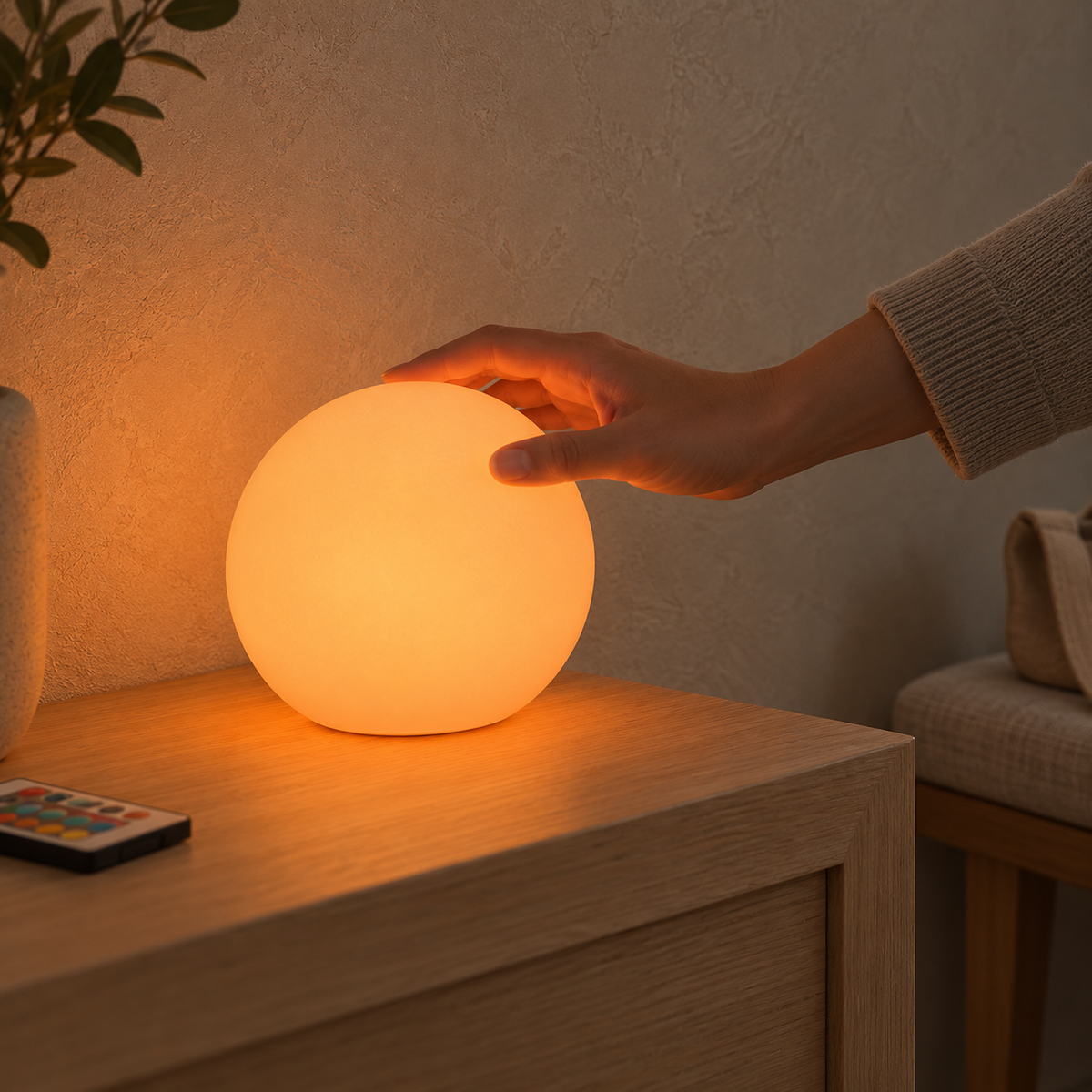 Tarmela white battery operated table lamp glowing orange in a bright entryway