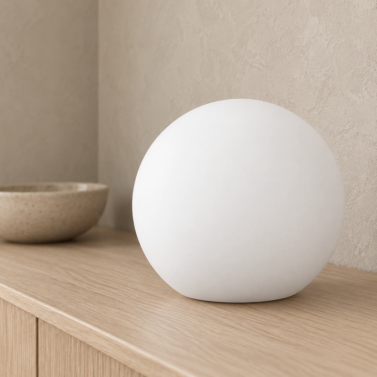 Tarmela white portable table lamp, close view of the round ball shaped globe shell